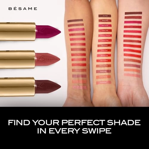 BESAME Wild Orchid Lipstick - 1952, Cool Fuchsia-Purple, Triple Pigmented, Satin Finish, Moisturizing with Vitamin E, Long-Wearing, Feather-Proof