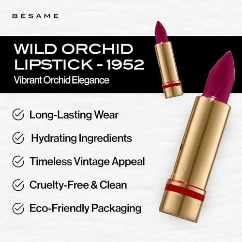 BESAME Wild Orchid Lipstick - 1952, Cool Fuchsia-Purple, Triple Pigmented, Satin Finish, Moisturizing with Vitamin E, Long-Wearing, Feather-Proof