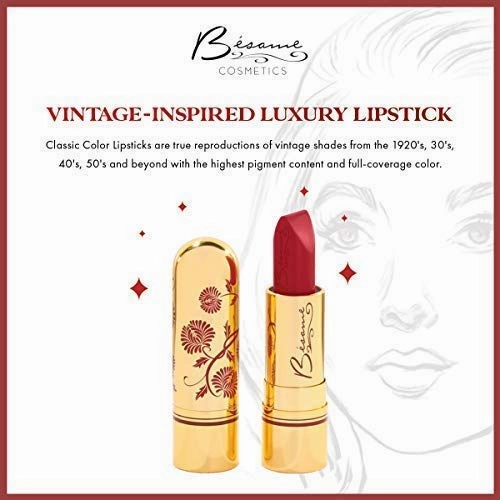 BESAME Wild Orchid Lipstick - 1952, Cool Fuchsia-Purple, Triple Pigmented, Satin Finish, Moisturizing with Vitamin E, Long-Wearing, Feather-Proof