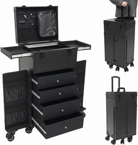 Black Makeup Train Case Professional Rolling Makeup Case 4 Drawers Cosmetology Case on Wheels Hairstylist Traveling Case Portable Make Up Station w/Multiple Compartments Extra Large