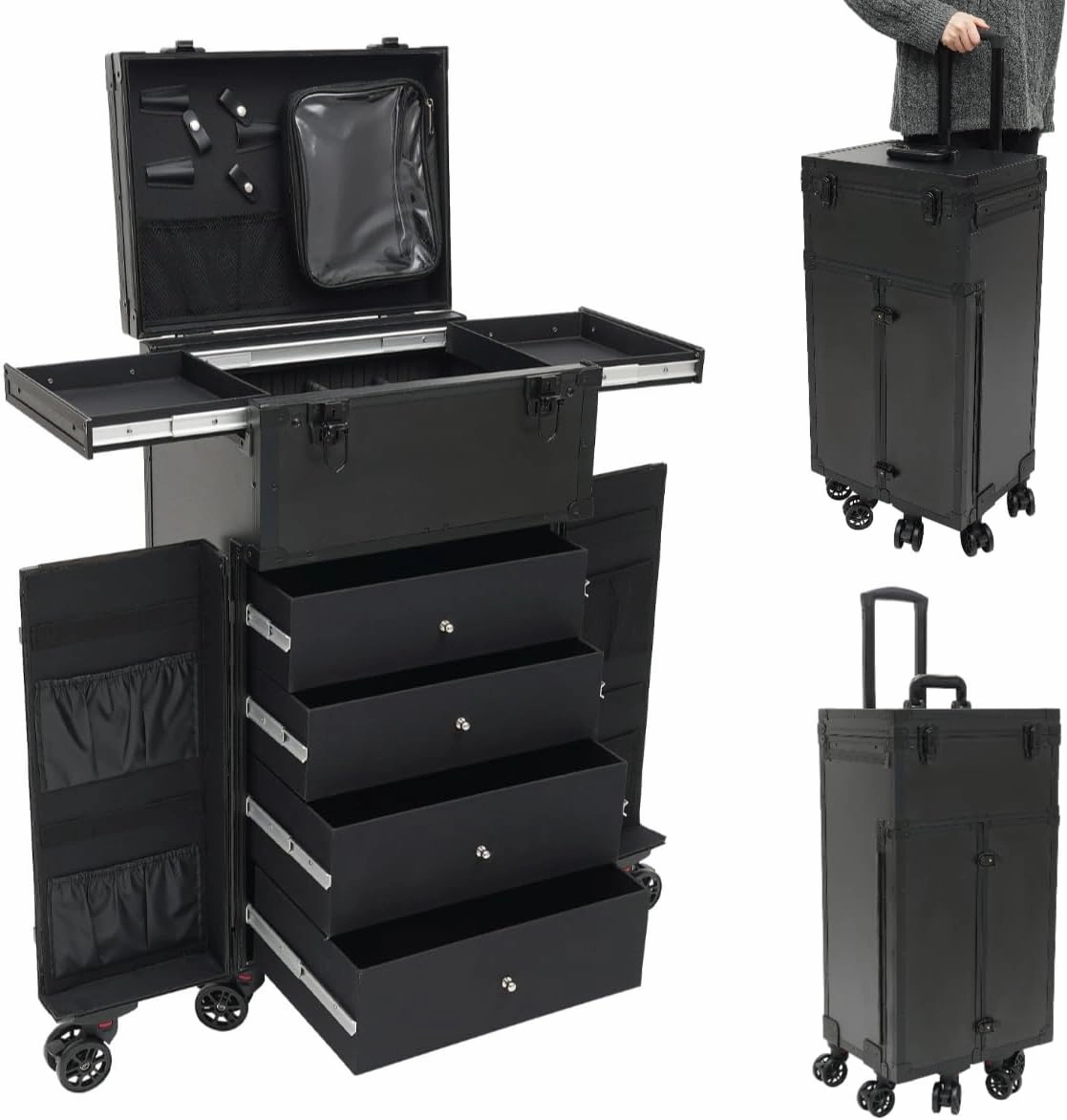 Black Makeup Train Case Professional Rolling Makeup Case 4 Drawers Cosmetology Case on Wheels Hairstylist Traveling Case Portable Make Up Station w/Multiple Compartments Extra Large