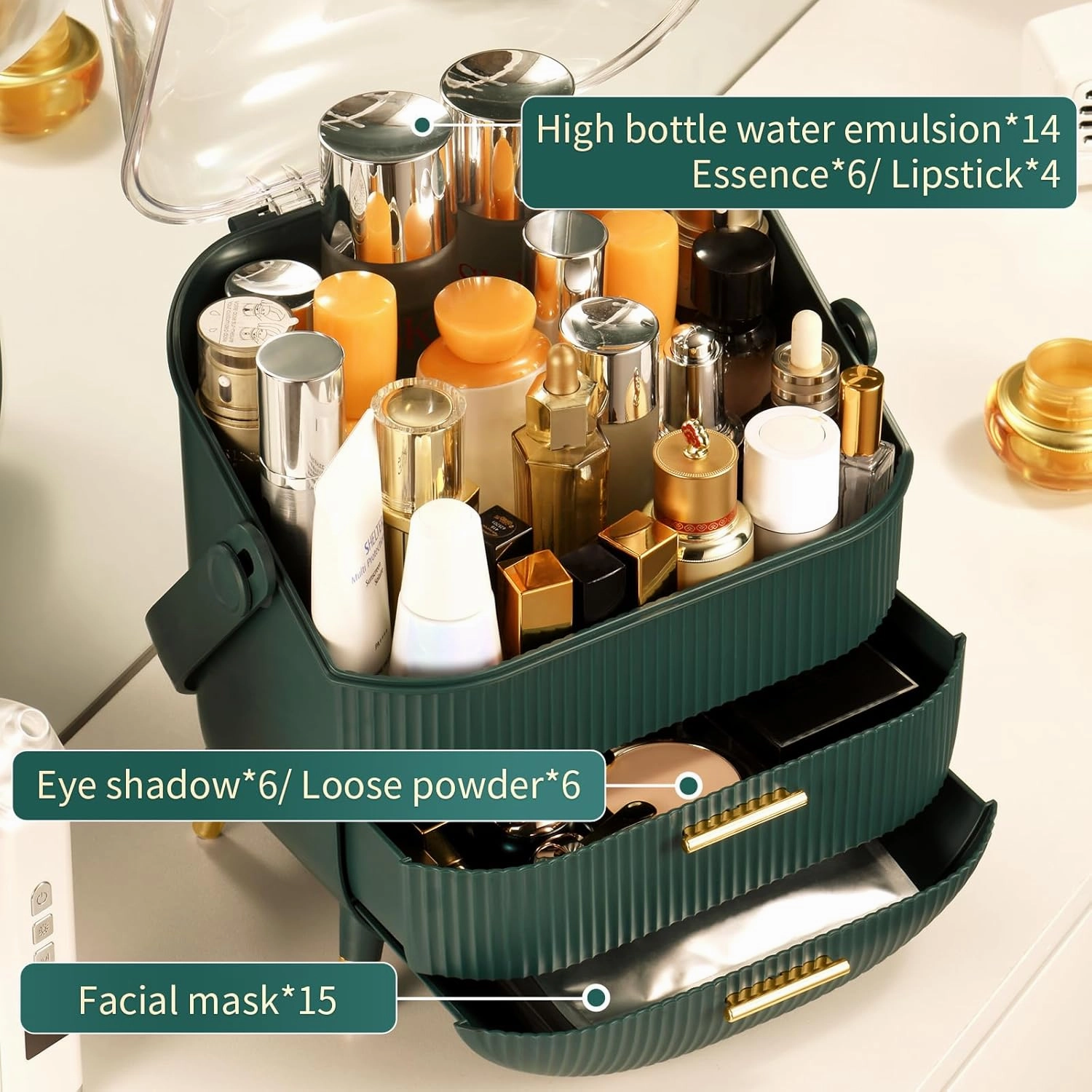 CANITORON Makeup Organizer,Skincare Organizer with 2 Drawers and Brush Storage Box,Lipstick Holder,Cosmetic Display Case for Vanity Organizer and Bathroom Countertop Storage.(Green)
