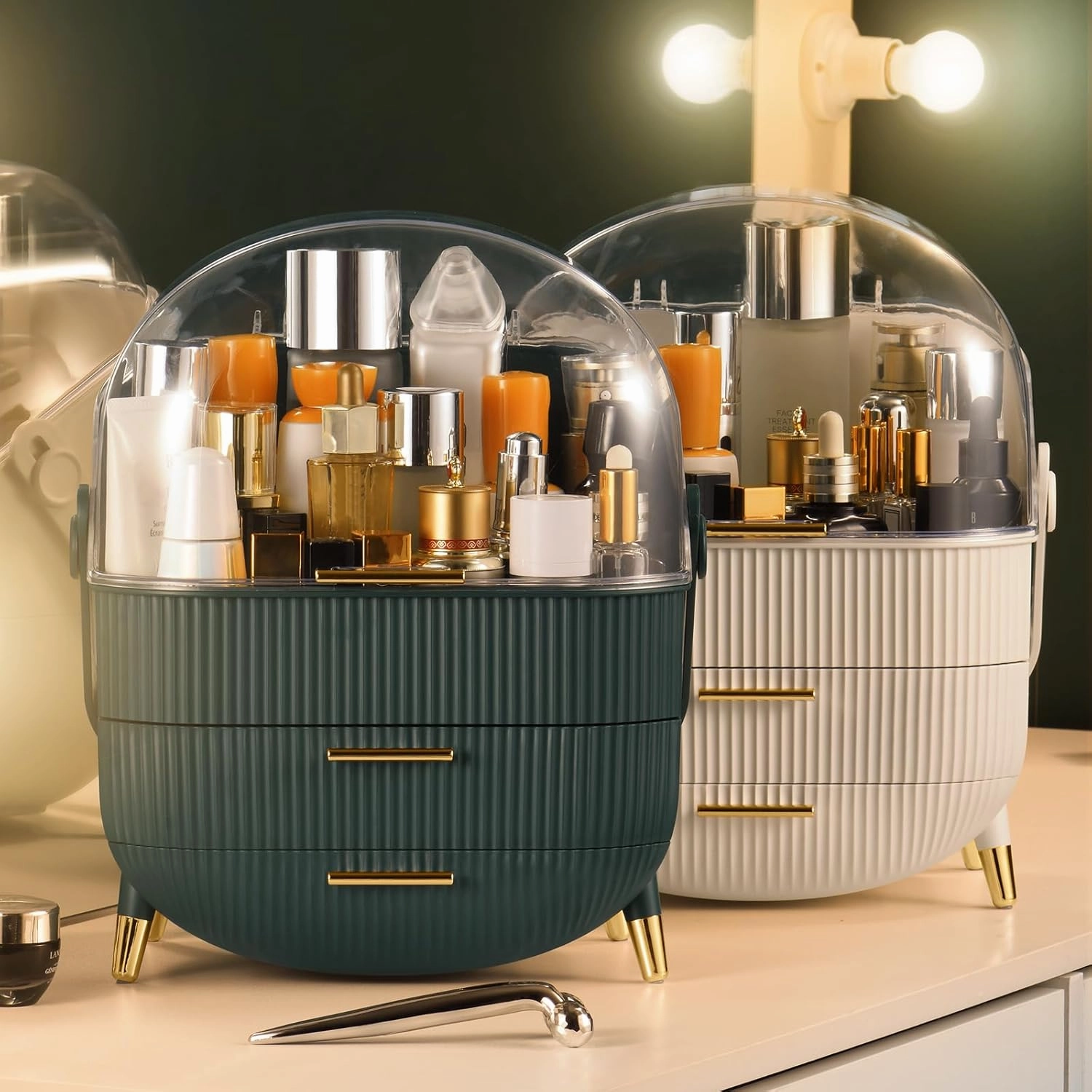 CANITORON Makeup Organizer,Skincare Organizer with 2 Drawers and Brush Storage Box,Lipstick Holder,Cosmetic Display Case for Vanity Organizer and Bathroom Countertop Storage.(Green)