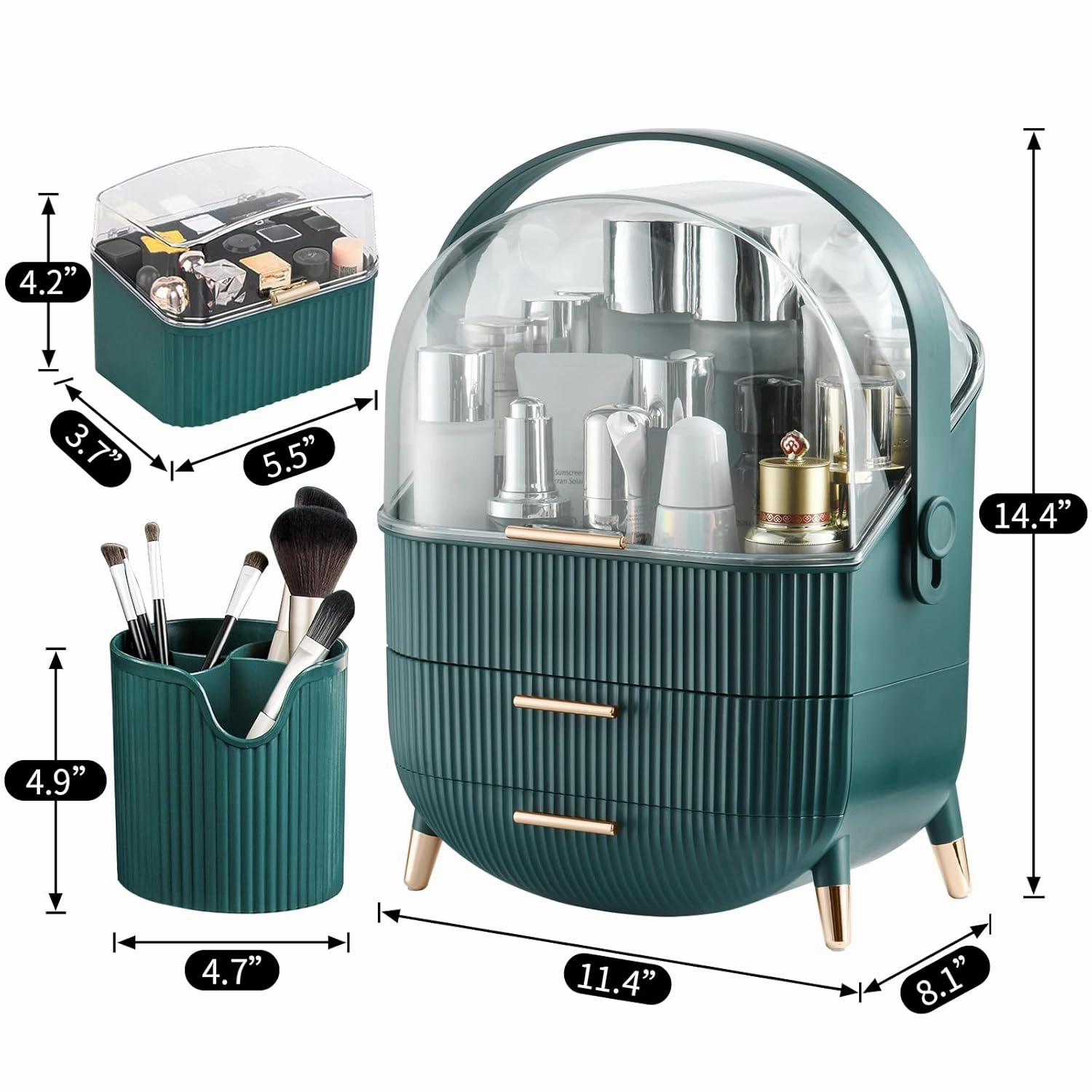 CANITORON Makeup Organizer,Skincare Organizer with 2 Drawers and Brush Storage Box,Lipstick Holder,Cosmetic Display Case for Vanity Organizer and Bathroom Countertop Storage.(Green)