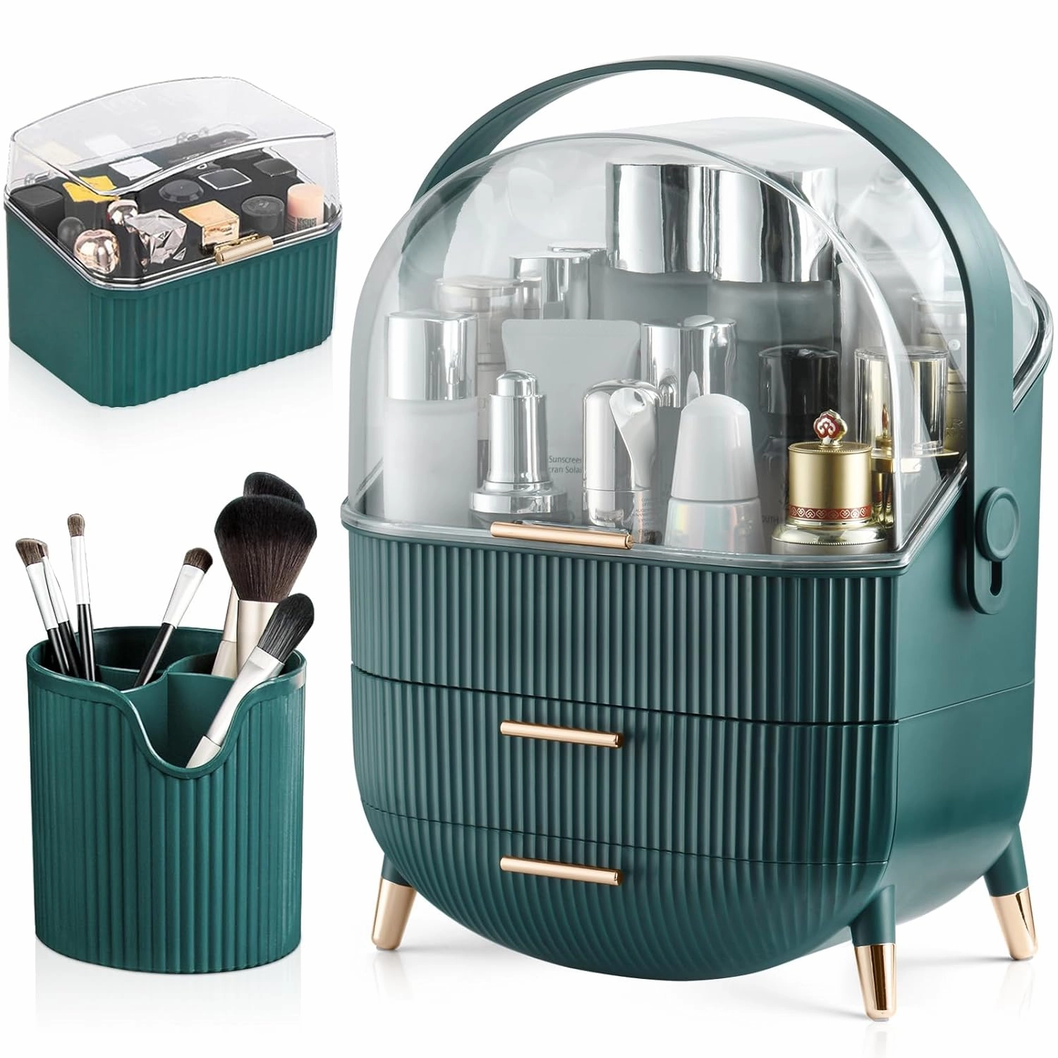CANITORON Makeup Organizer,Skincare Organizer with 2 Drawers and Brush Storage Box,Lipstick Holder,Cosmetic Display Case for Vanity Organizer and Bathroom Countertop Storage.(Green)
