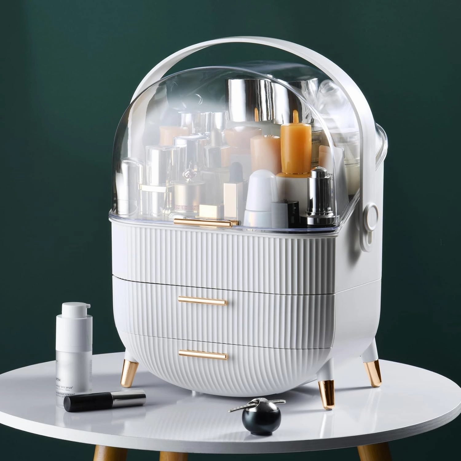 CANITORON Makeup Organizer,Skincare Organizer with 2 Drawers and Brush Storage Box,Lipstick Holder,Cosmetic Display Case for Vanity Organizer and Bathroom Countertop Storage.(White)