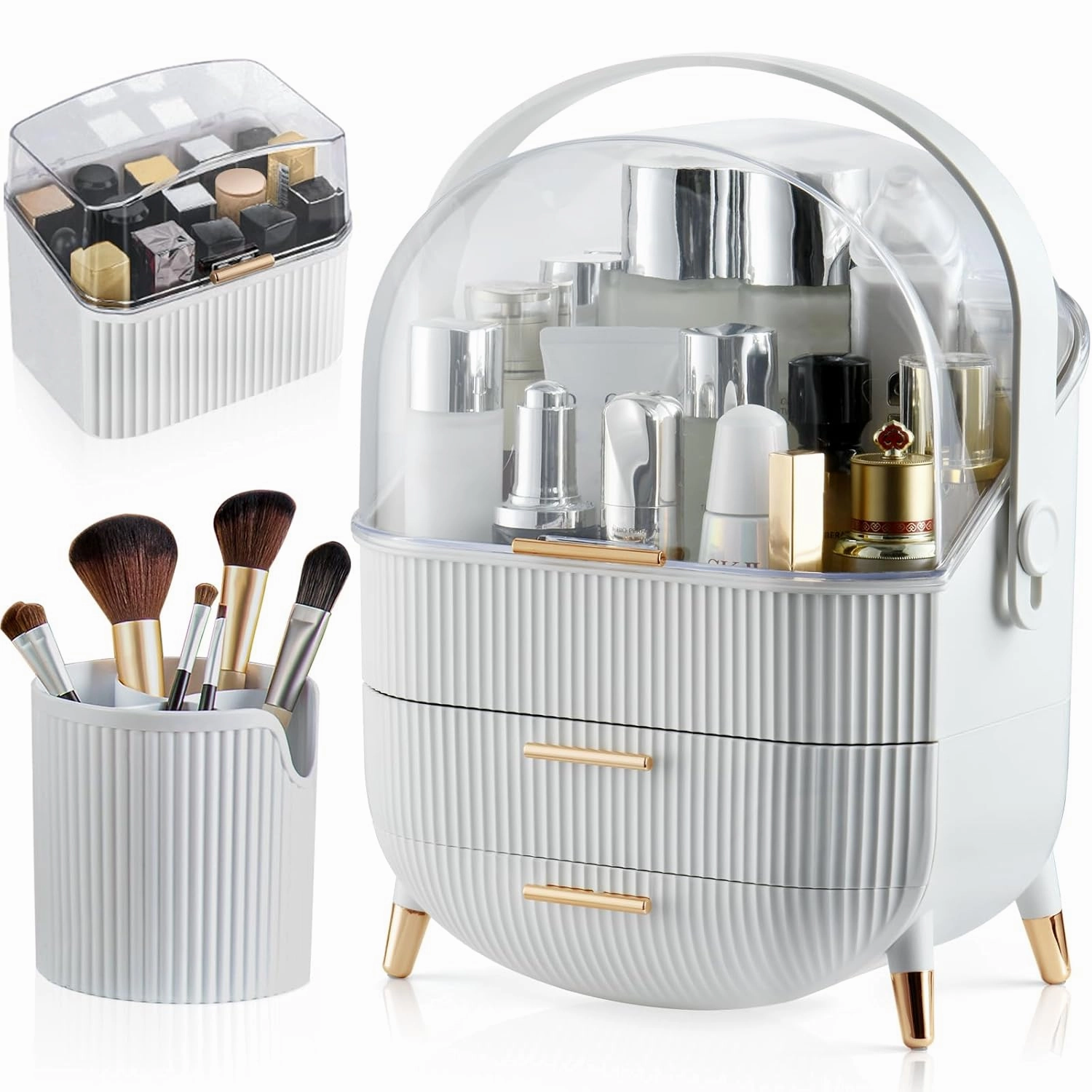 CANITORON Makeup Organizer,Skincare Organizer with 2 Drawers and Brush Storage Box,Lipstick Holder,Cosmetic Display Case for Vanity Organizer and Bathroom Countertop Storage.(White)
