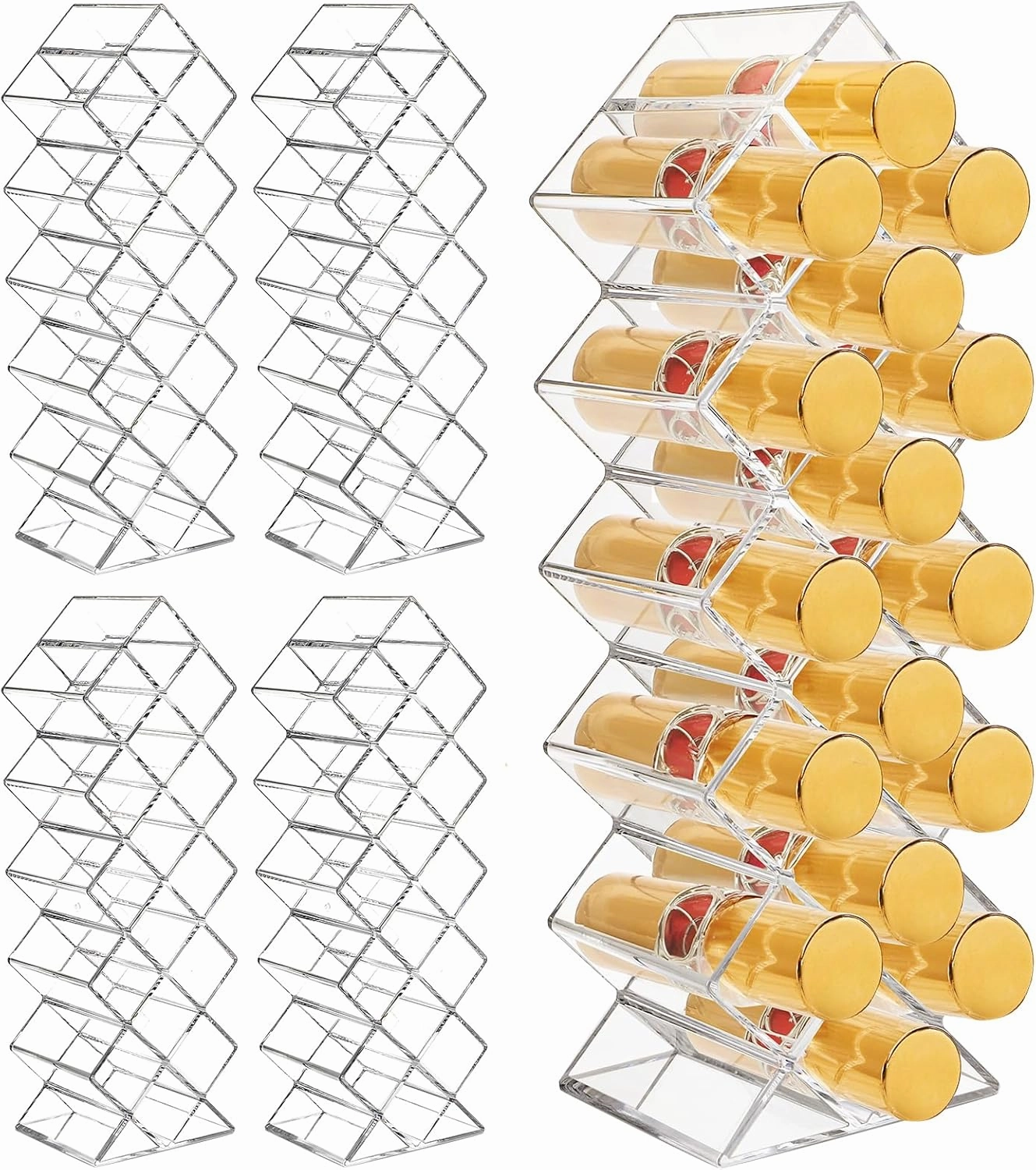 Cedilis 4 Pack Acrylic Lipstick Holder Organizer, 64 Slot Clear Lip Gloss Storage Organizer, Fish Shape Lipstick Display Stand Tower for Cosmetic Makeup and Dresser Display
