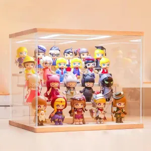 Clear Acrylic Display Case Stand with LED Light Storage Box Showcase Dustproof Organizer Box for Collectibles (Wood-led, 4Tier-12.4"x9.6"x10.4"/31.5x24.5x26.5cm)