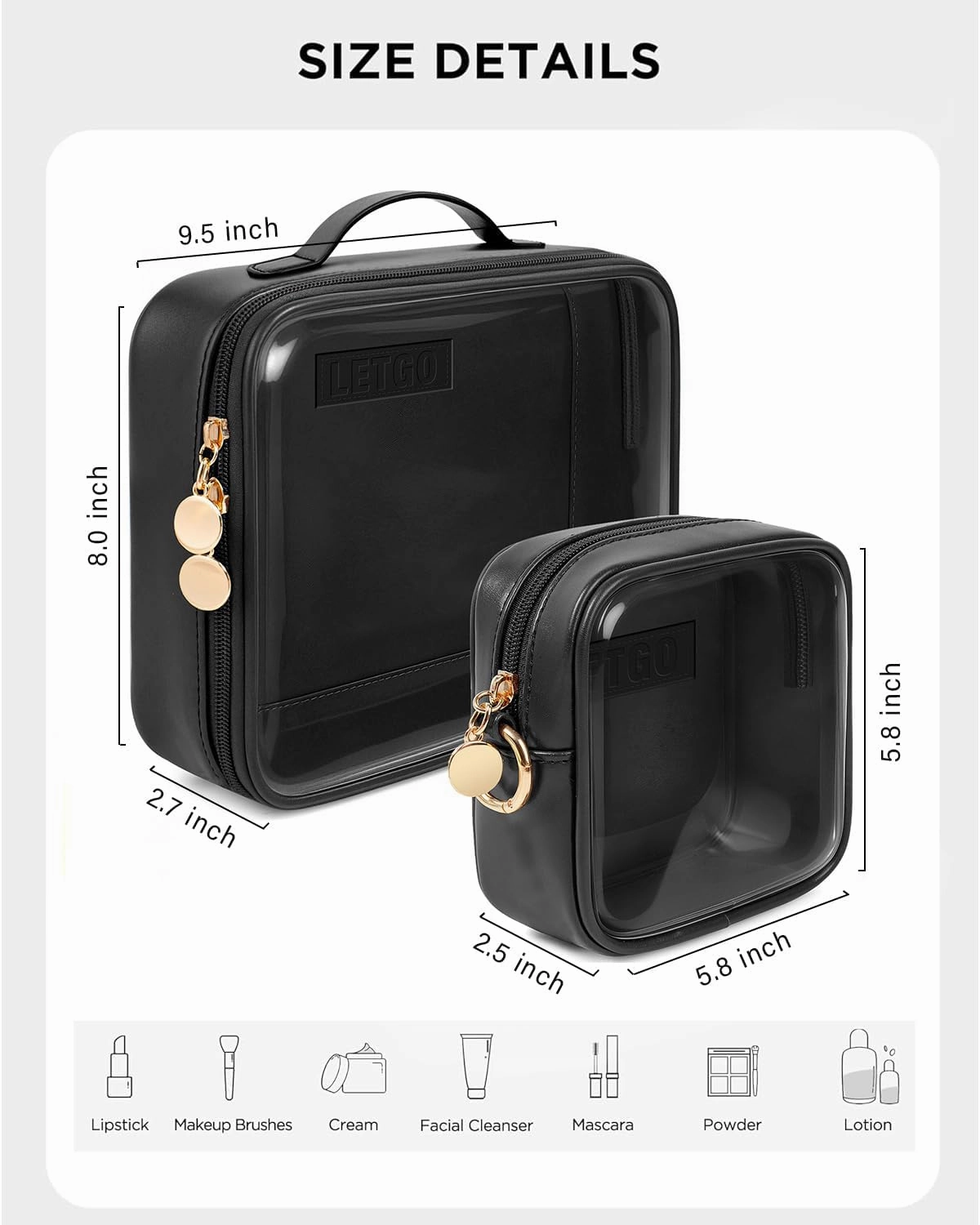 Clear Makeup Bags Set - TSA Approved Toiletry Bag with Handle Large Opening, Clear Toiletry Bags for Traveling Travel Essentials Travel Size Toiletries Valentines Day Gifts for Men (Large Mini Black)