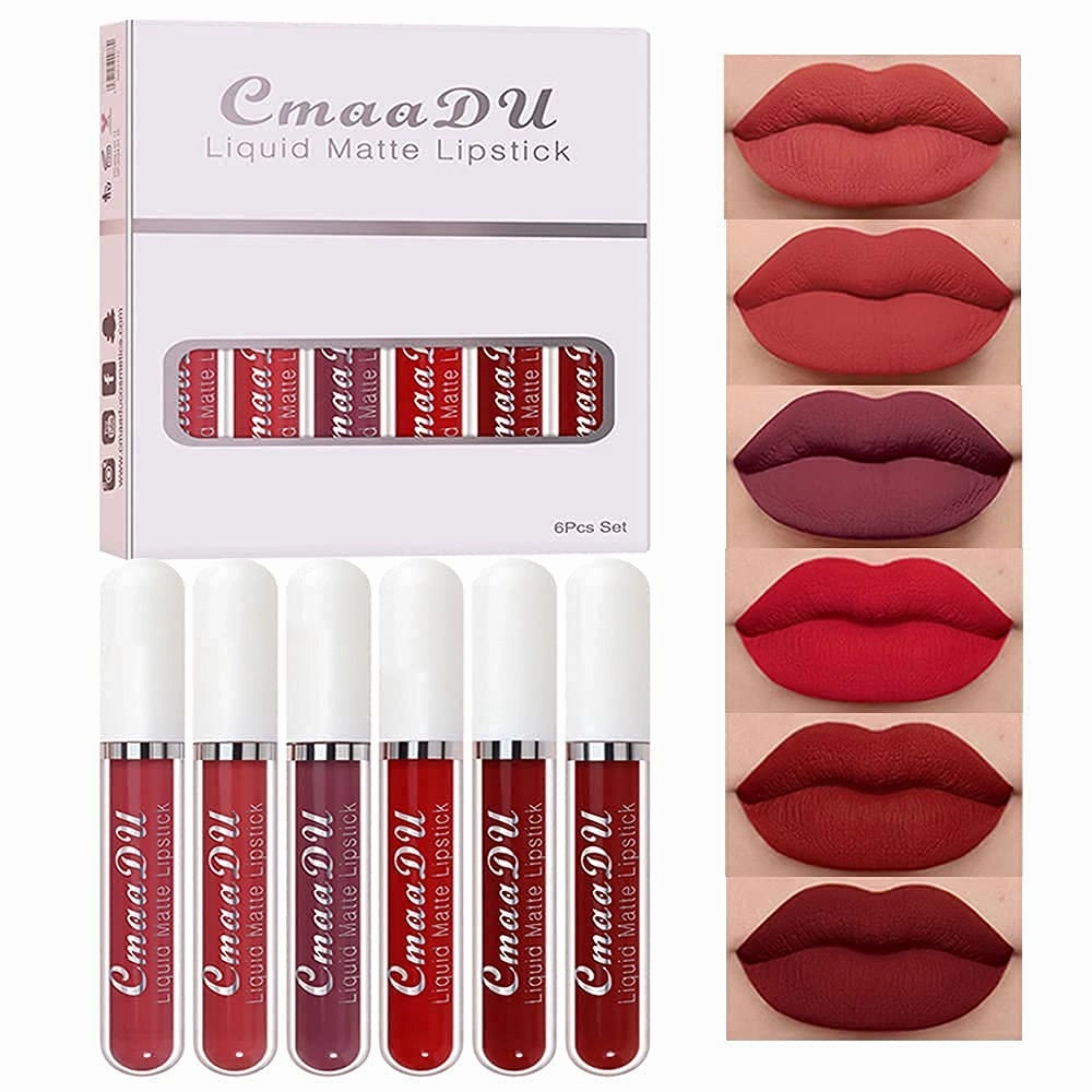 CmaaDu 6Pcs Lipstick Matte Liquid Lipstick Lipgloss Set for Women labiales mate 24 horas originales matte larga duracion 24,Deep Red Original 24 Hour Matte Lipstick Lip Stain Long Lasting Waterproof