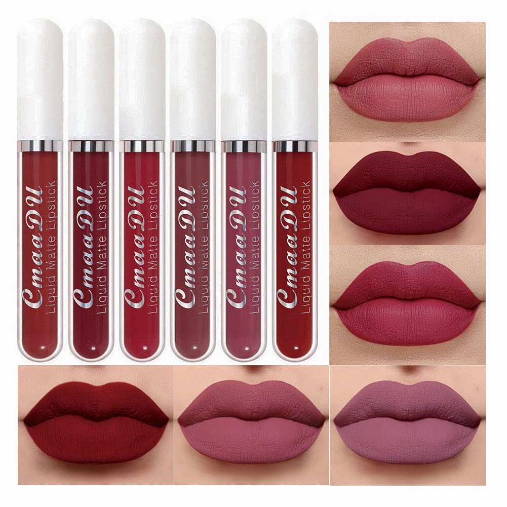 CmaaDu 6Pcs Matte Liquid Lipstick Lipgloss Lip Gloss Stain Makeup Set for Women, Deep Dark Red Original 24 Hour Matte Lipstick Long Lasting labiales matte mate larga duracion 24 horas originales A-02