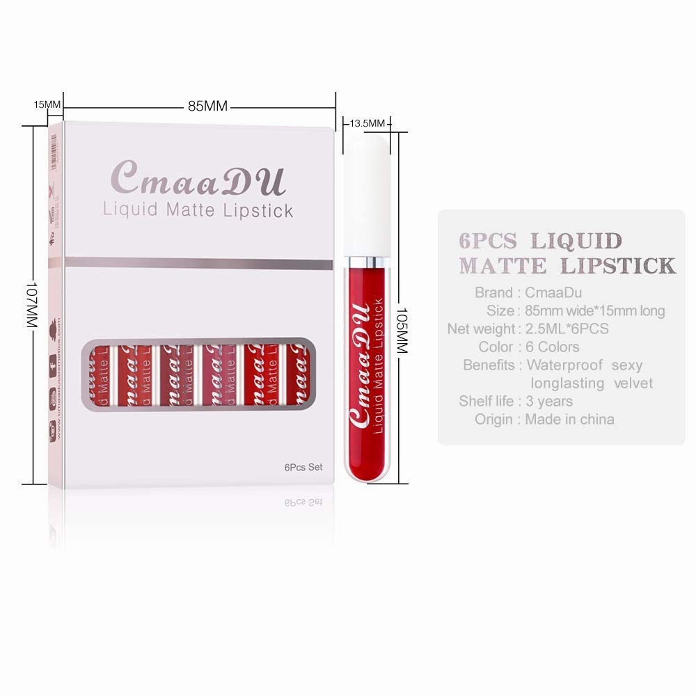 CmaaDu 6Pcs Matte Liquid Lipstick Lipgloss Lip Gloss Stain Makeup Set for Women, Deep Dark Red Original 24 Hour Matte Lipstick Long Lasting labiales matte mate larga duracion 24 horas originales A-02