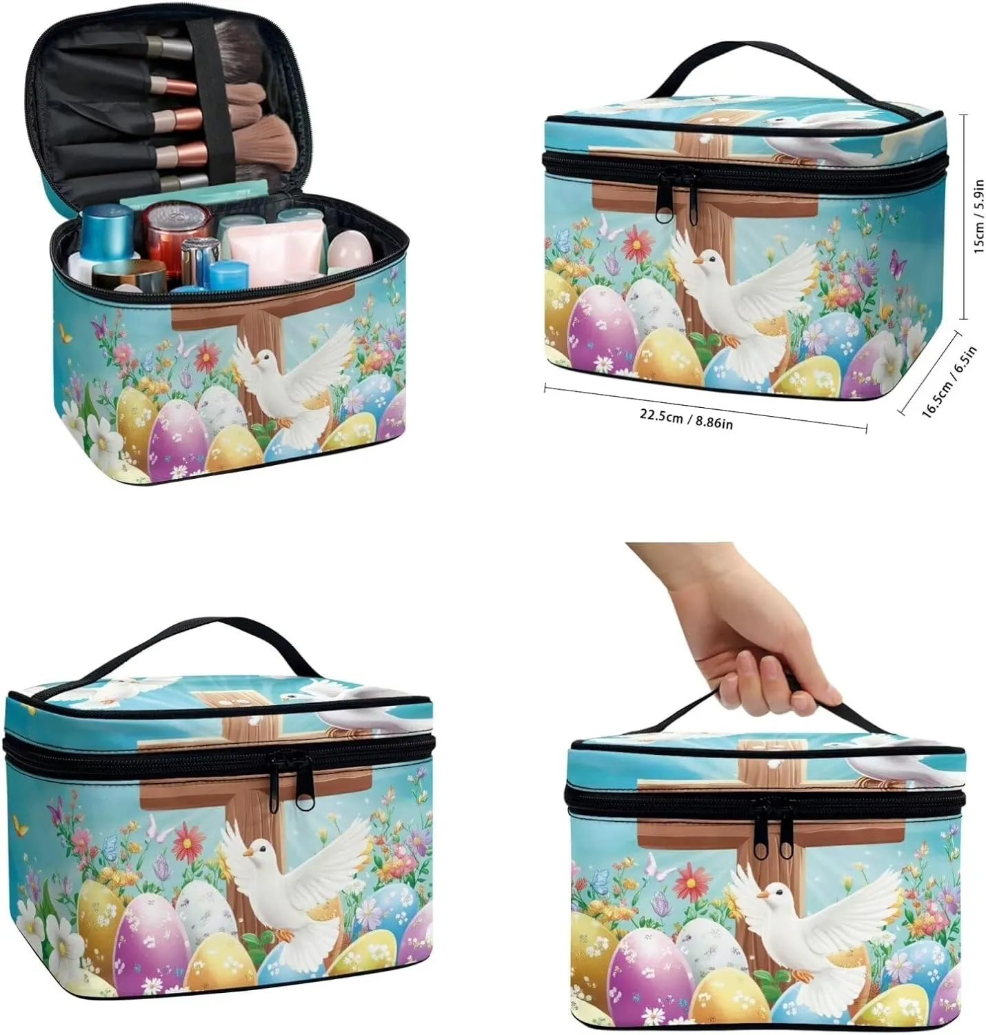 COEQINE 3 Pieces Makeup Brush Holder Organizer Makeup Set Women Travel Lily Floral Cosmetic Bag with Handles Large Capacity Travel Aesthetic Toiletry Wash Bag Waterproof,Easter Eggs Colorful