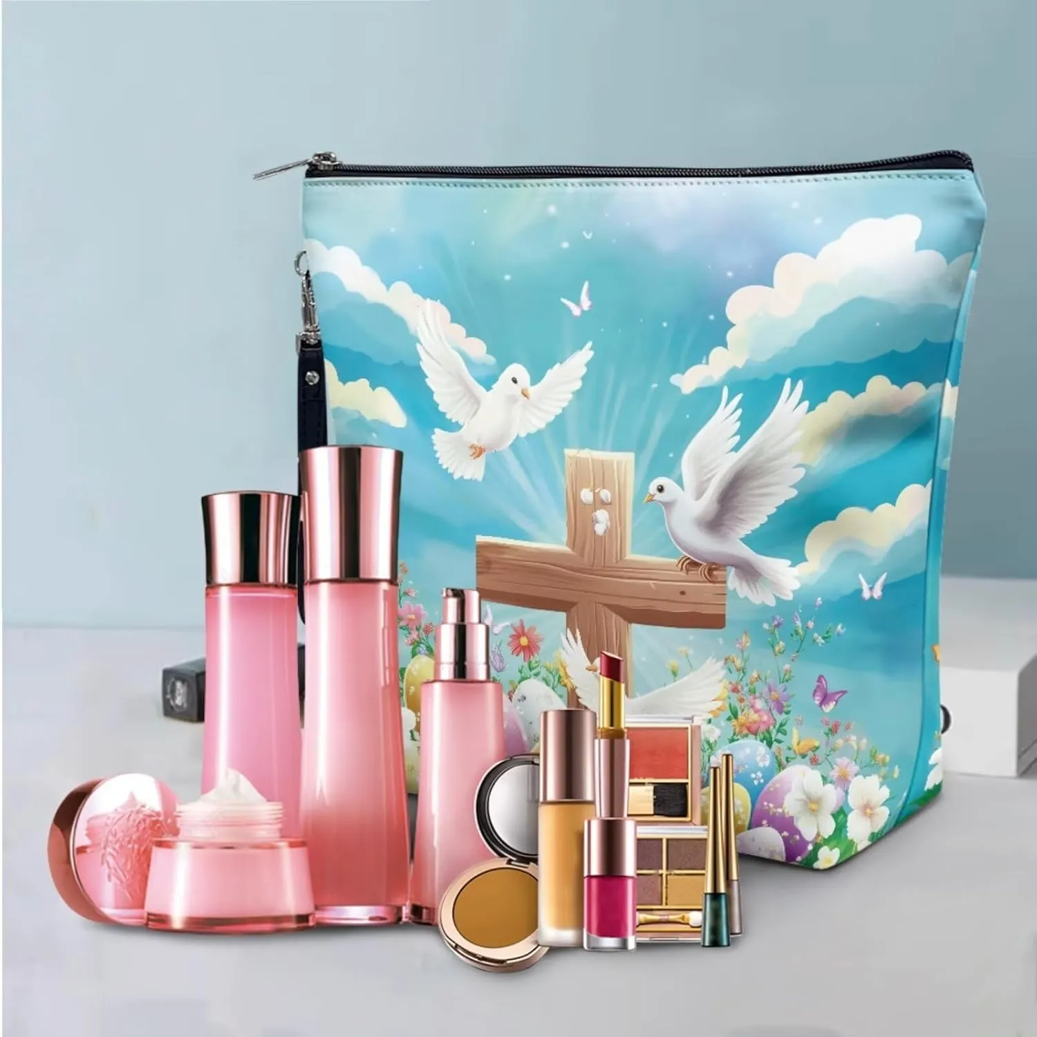 COEQINE 3 Pieces Makeup Brush Holder Organizer Makeup Set Women Travel Lily Floral Cosmetic Bag with Handles Large Capacity Travel Aesthetic Toiletry Wash Bag Waterproof,Easter Eggs Colorful