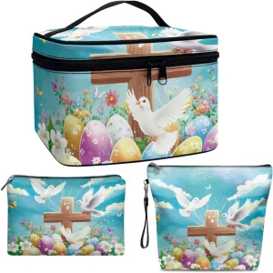 COEQINE 3 Pieces Makeup Brush Holder Organizer Makeup Set Women Travel Lily Floral Cosmetic Bag with Handles Large Capacity Travel Aesthetic Toiletry Wash Bag Waterproof,Easter Eggs Colorful