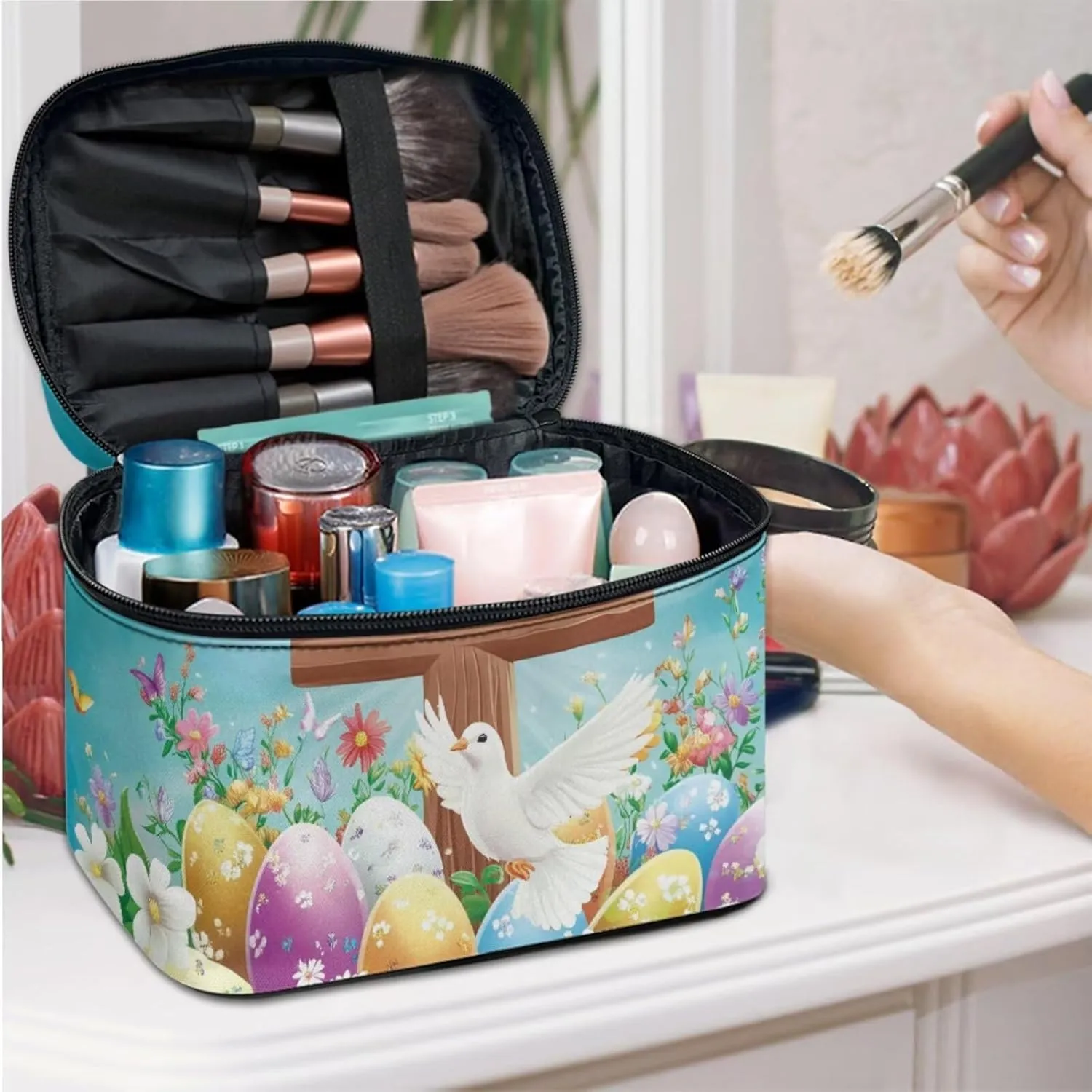 COEQINE 3 Pieces Makeup Brush Holder Organizer Makeup Set Women Travel Lily Floral Cosmetic Bag with Handles Large Capacity Travel Aesthetic Toiletry Wash Bag Waterproof,Easter Eggs Colorful