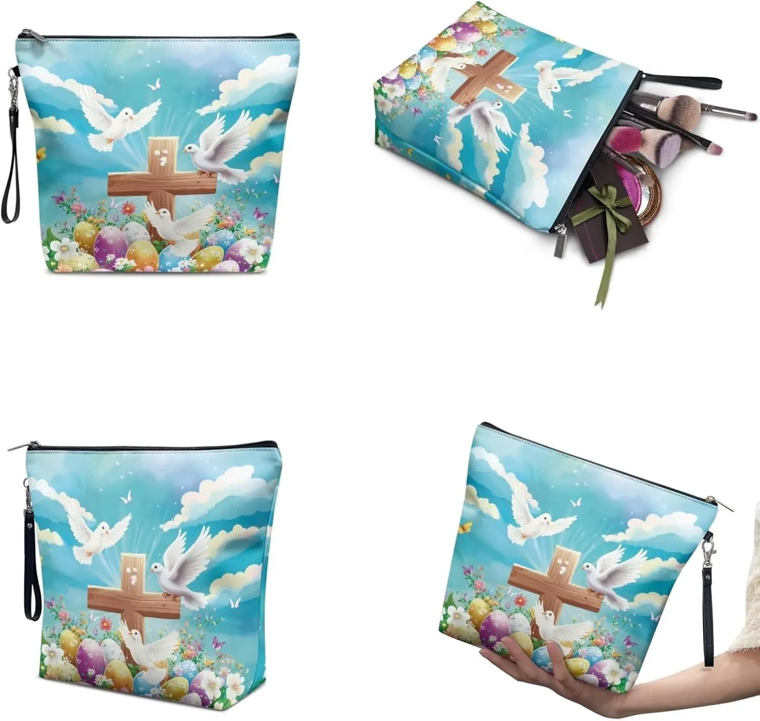 COEQINE 3 Pieces Makeup Brush Holder Organizer Makeup Set Women Travel Lily Floral Cosmetic Bag with Handles Large Capacity Travel Aesthetic Toiletry Wash Bag Waterproof,Easter Eggs Colorful