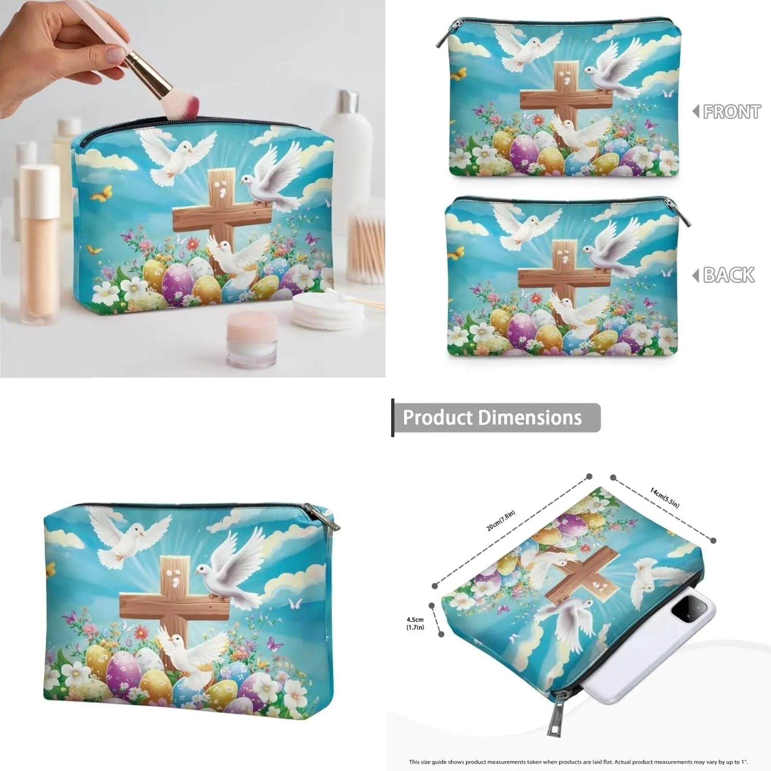 COEQINE 3 Pieces Makeup Brush Holder Organizer Makeup Set Women Travel Lily Floral Cosmetic Bag with Handles Large Capacity Travel Aesthetic Toiletry Wash Bag Waterproof,Easter Eggs Colorful