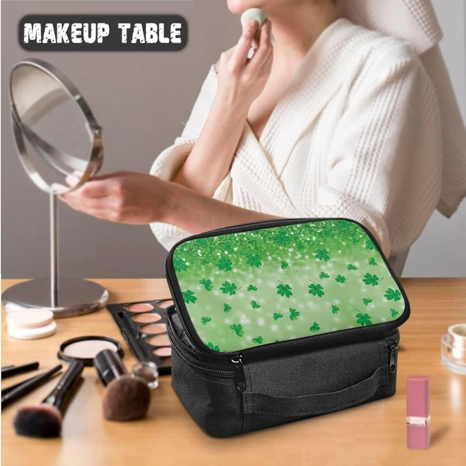 COEQINE Green Makeup Bag for Women Travel Patty'S Day 3pcs Leaves Travel Makeup Bag Cosmetic Train Case Portable Makeup Artist Organizer Bag With Double Layer Makeup Brush Holder Pu Wallet