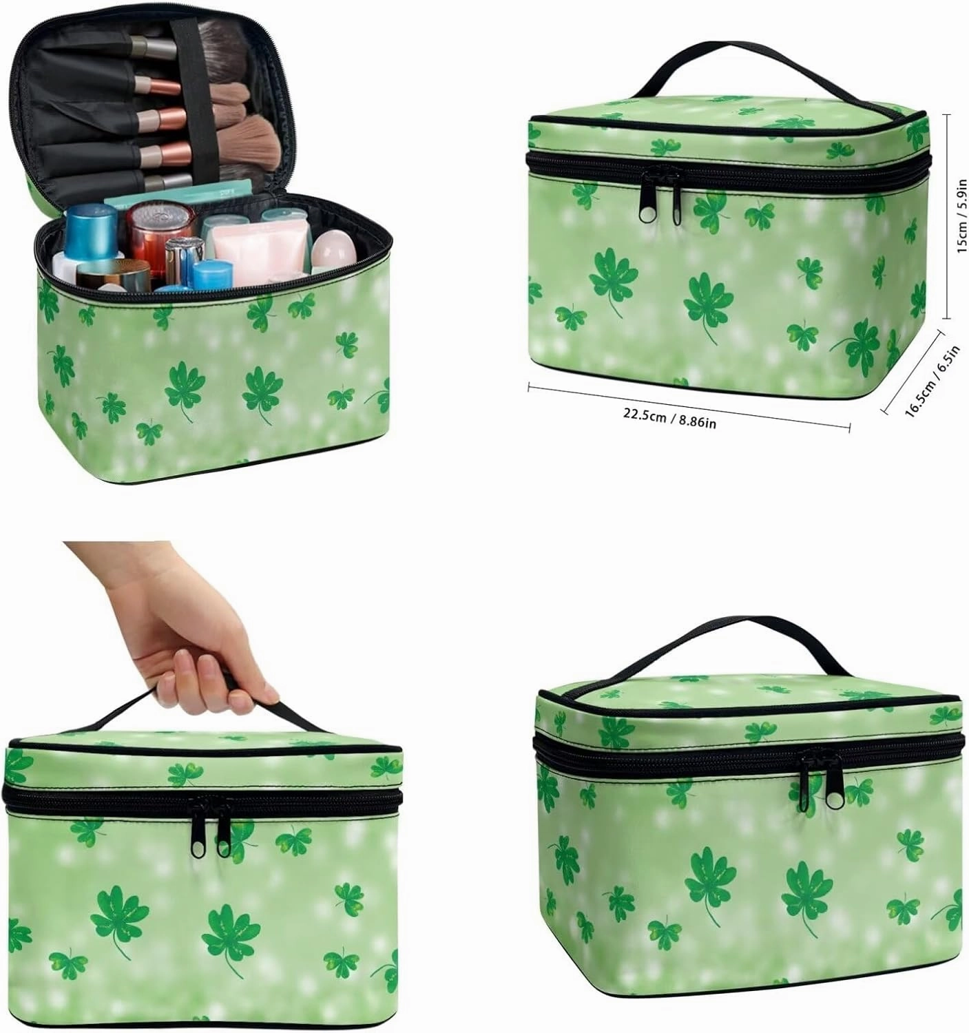 COEQINE Green Makeup Bag for Women Travel Patty'S Day 3pcs Leaves Travel Makeup Bag Cosmetic Train Case Portable Makeup Artist Organizer Bag With Double Layer Makeup Brush Holder Pu Wallet