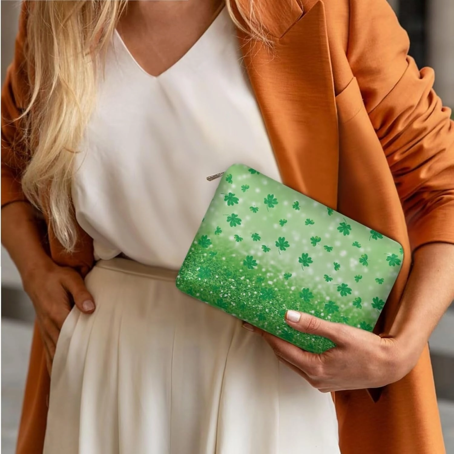COEQINE Green Makeup Bag for Women Travel Patty'S Day 3pcs Leaves Travel Makeup Bag Cosmetic Train Case Portable Makeup Artist Organizer Bag With Double Layer Makeup Brush Holder Pu Wallet