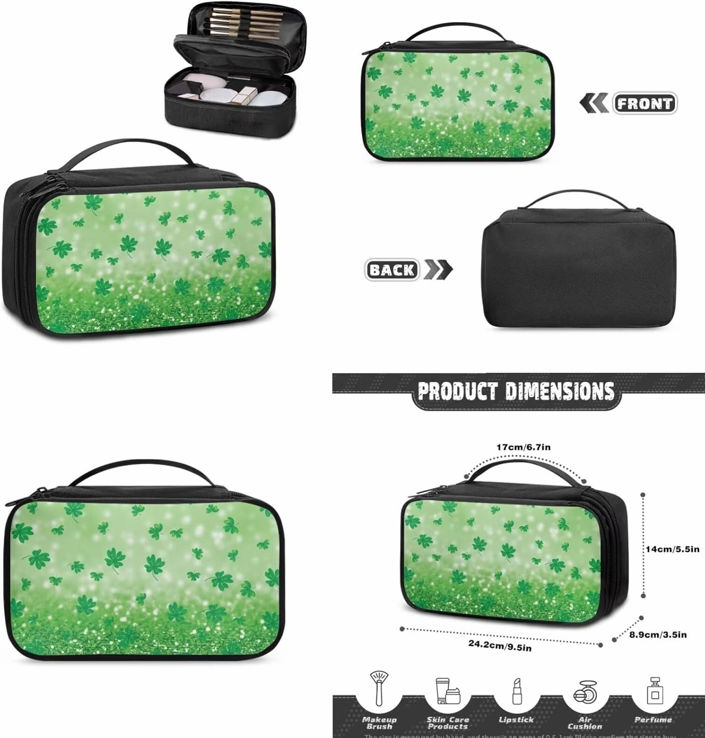 COEQINE Green Makeup Bag for Women Travel Patty'S Day 3pcs Leaves Travel Makeup Bag Cosmetic Train Case Portable Makeup Artist Organizer Bag With Double Layer Makeup Brush Holder Pu Wallet