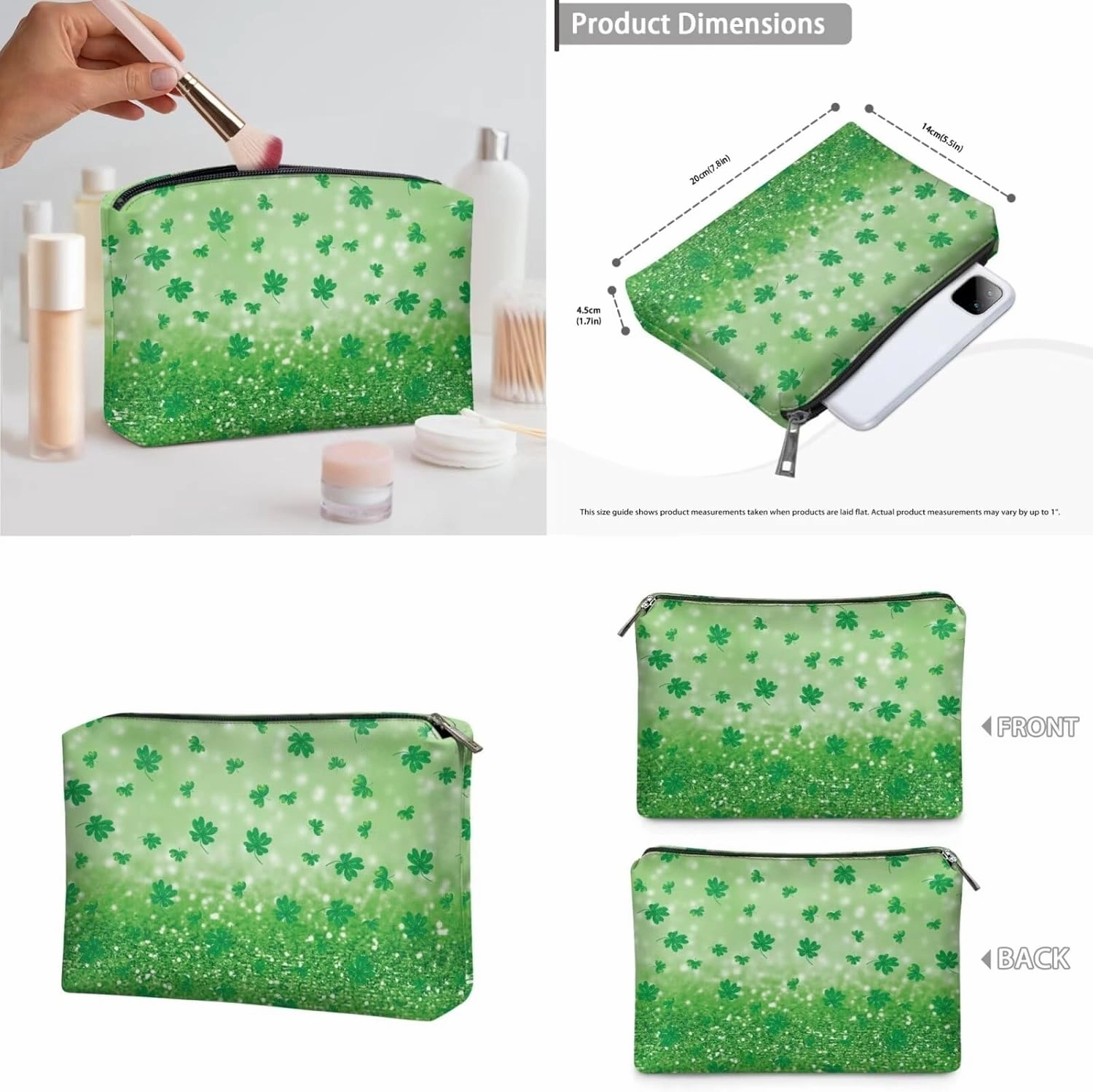 COEQINE Green Makeup Bag for Women Travel Patty'S Day 3pcs Leaves Travel Makeup Bag Cosmetic Train Case Portable Makeup Artist Organizer Bag With Double Layer Makeup Brush Holder Pu Wallet
