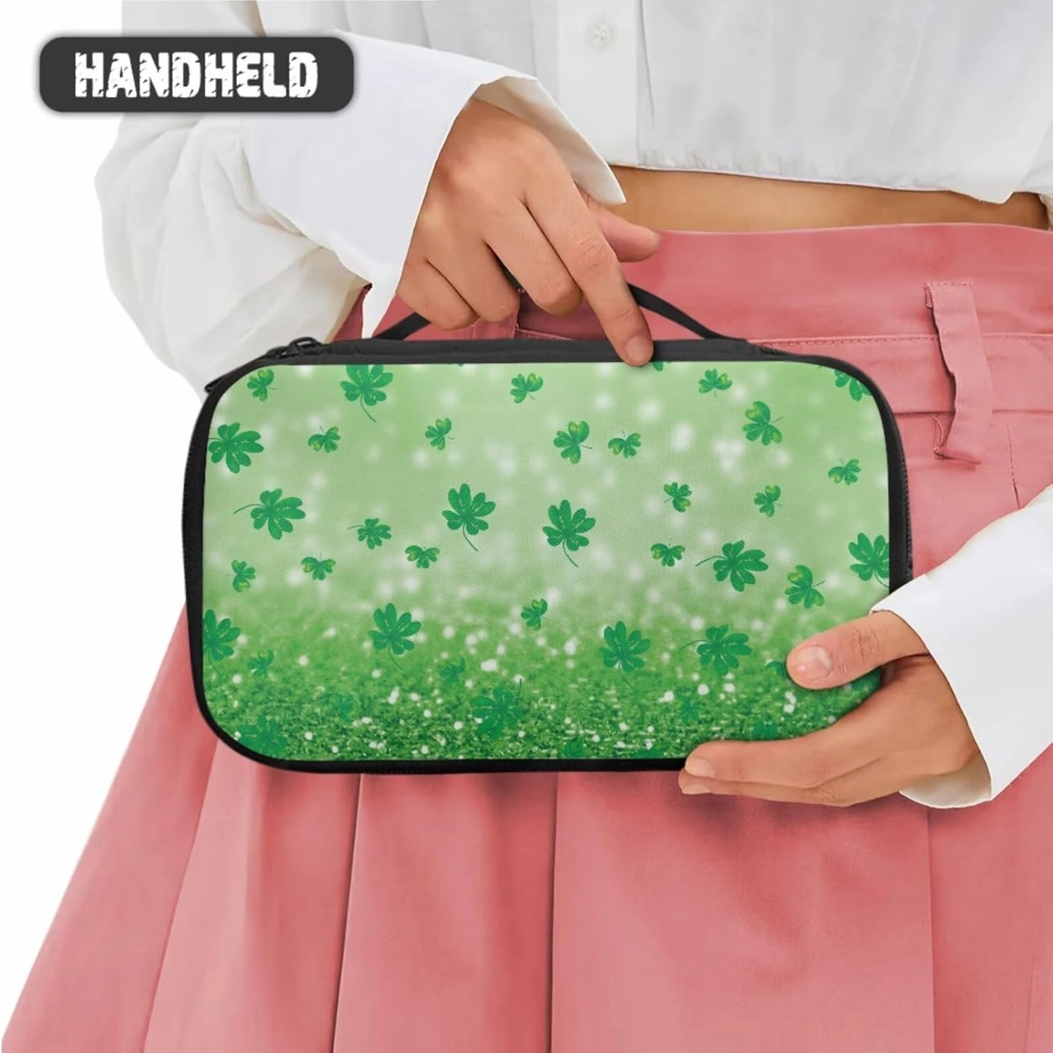 COEQINE Green Makeup Bag for Women Travel Patty'S Day 3pcs Leaves Travel Makeup Bag Cosmetic Train Case Portable Makeup Artist Organizer Bag With Double Layer Makeup Brush Holder Pu Wallet