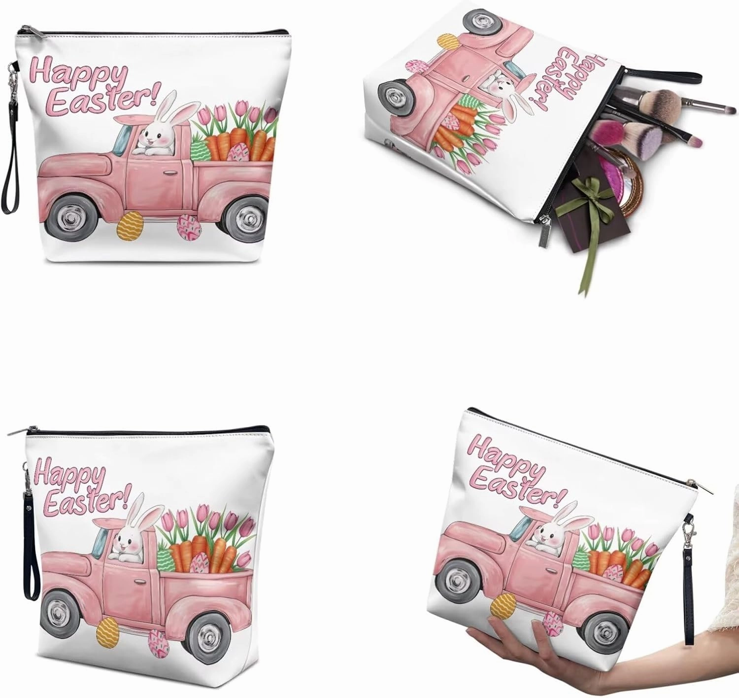 COEQINE Makeup Bag Set 3 For Women Cute Truck And Floral Print Large Travel Makeup Box With Handles Leather Large Cosmetic Organizer With Zipper Soft Waterproof Mini Clutch Wallet,Easter Rabbit