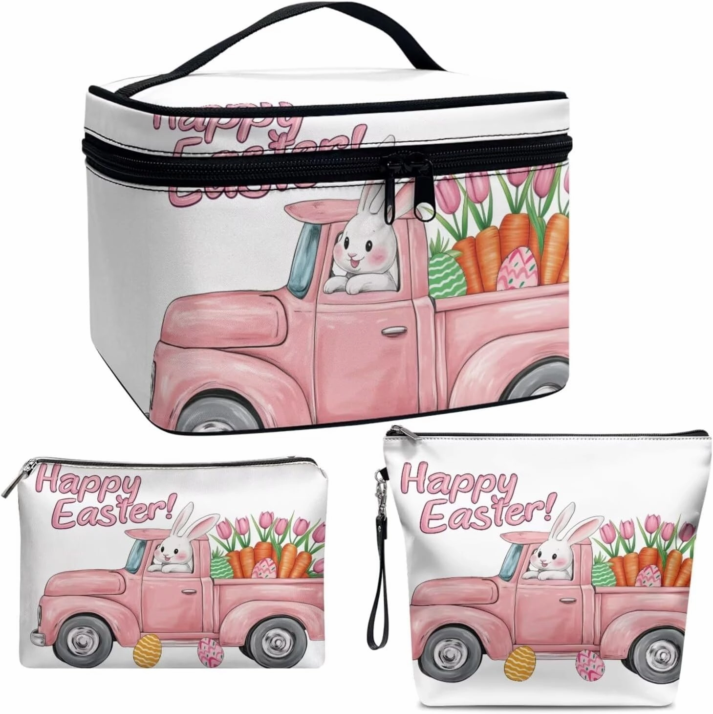 COEQINE Makeup Bag Set 3 For Women Cute Truck And Floral Print Large Travel Makeup Box With Handles Leather Large Cosmetic Organizer With Zipper Soft Waterproof Mini Clutch Wallet,Easter Rabbit