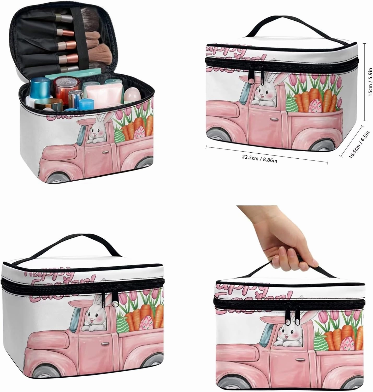 COEQINE Makeup Bag Set 3 For Women Cute Truck And Floral Print Large Travel Makeup Box With Handles Leather Large Cosmetic Organizer With Zipper Soft Waterproof Mini Clutch Wallet,Easter Rabbit