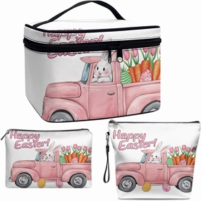 COEQINE Makeup Bag Set 3 For Women Cute Truck And Floral Print Large Travel Makeup Box With Handles Leather Large Cosmetic Organizer With Zipper Soft Waterproof Mini Clutch Wallet,Easter Rabbit