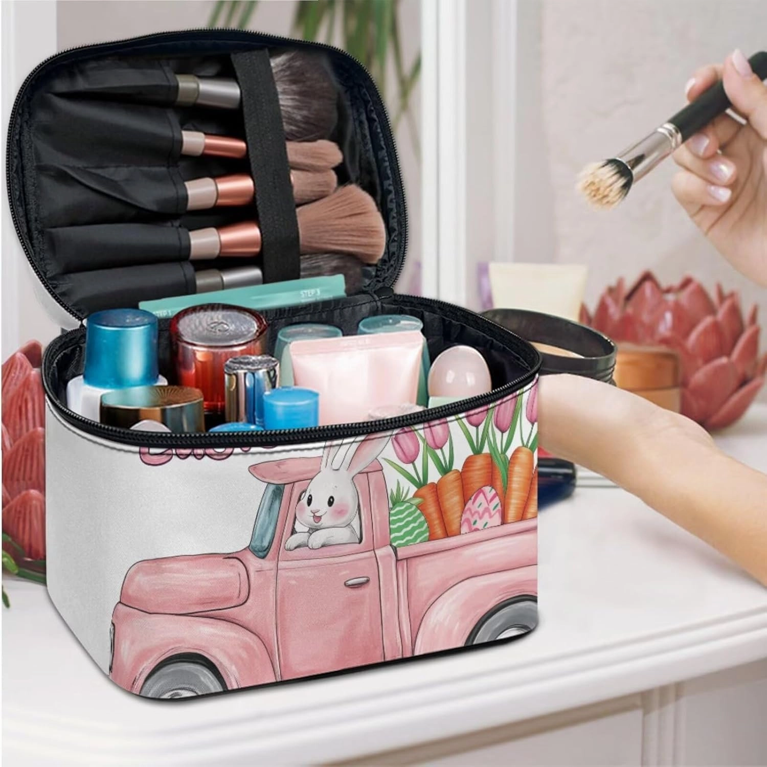COEQINE Makeup Bag Set 3 For Women Cute Truck And Floral Print Large Travel Makeup Box With Handles Leather Large Cosmetic Organizer With Zipper Soft Waterproof Mini Clutch Wallet,Easter Rabbit