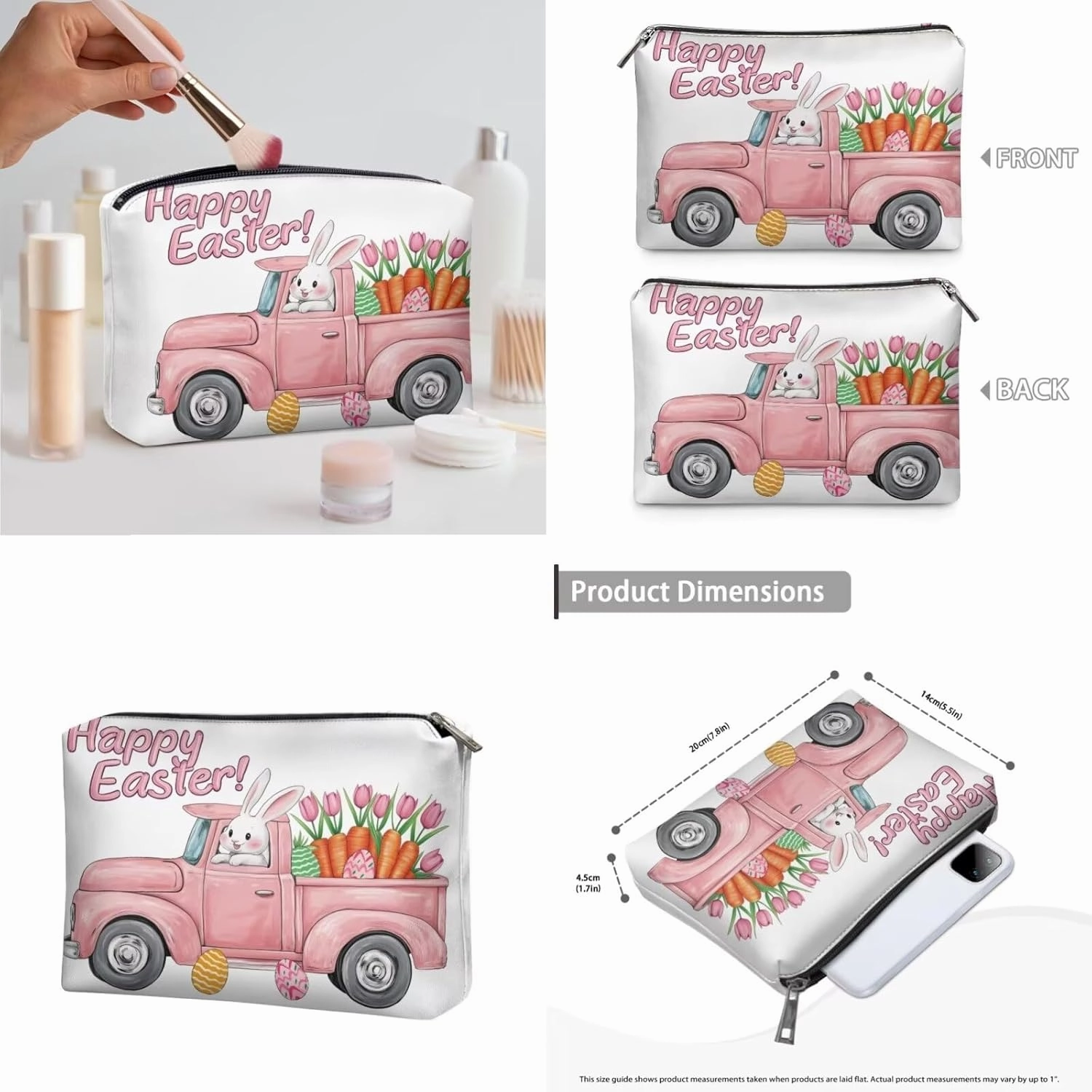 COEQINE Makeup Bag Set 3 For Women Cute Truck And Floral Print Large Travel Makeup Box With Handles Leather Large Cosmetic Organizer With Zipper Soft Waterproof Mini Clutch Wallet,Easter Rabbit