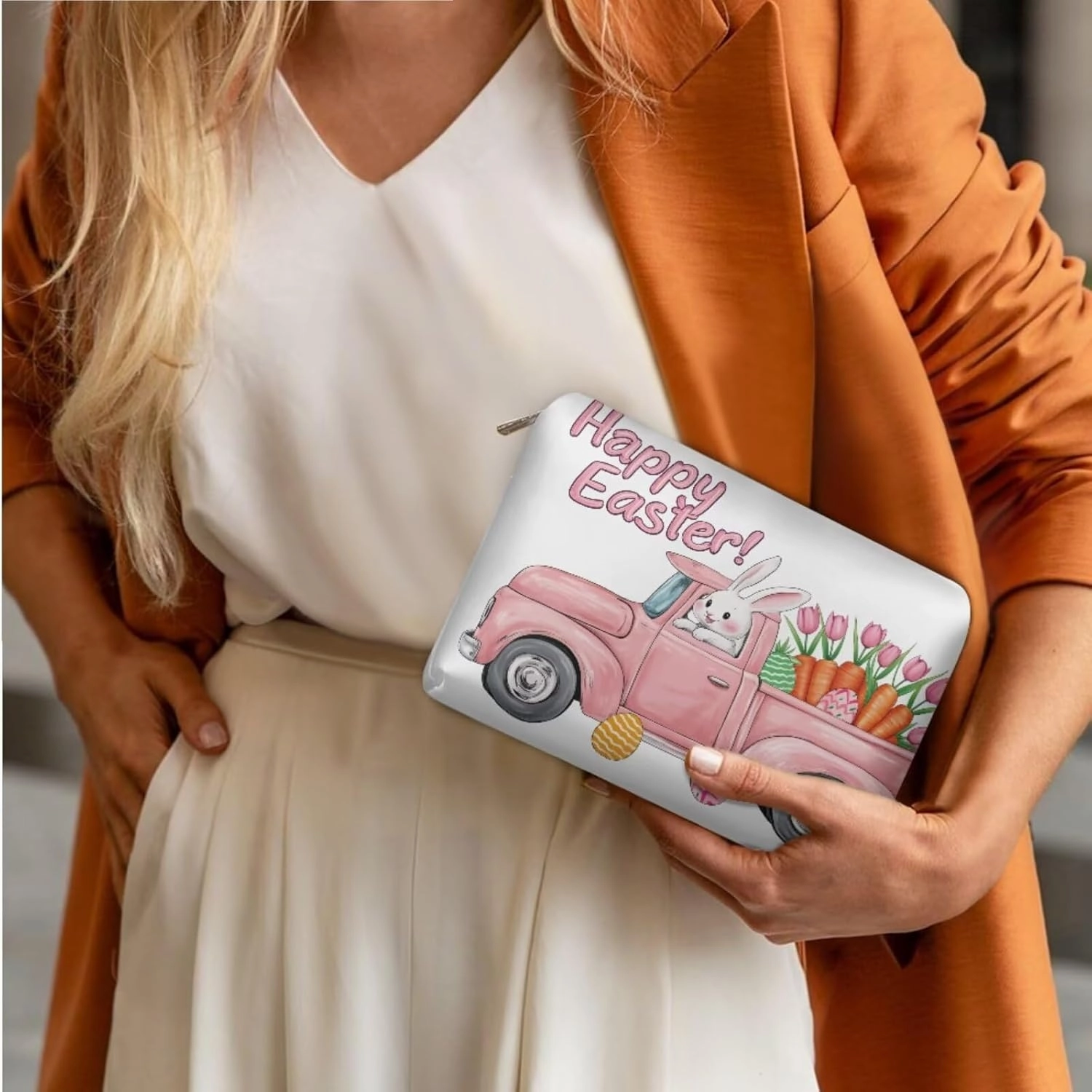 COEQINE Makeup Bag Set 3 For Women Cute Truck And Floral Print Large Travel Makeup Box With Handles Leather Large Cosmetic Organizer With Zipper Soft Waterproof Mini Clutch Wallet,Easter Rabbit
