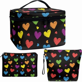 COEQINE Makeup Bag Set 3 Pieces Women Travel Makeup Organizer Case With Handles Portable Colorful Rainbow Large Makeup Organizer Leather Cosmetic Train Case Large Portable Mini Purse For Women