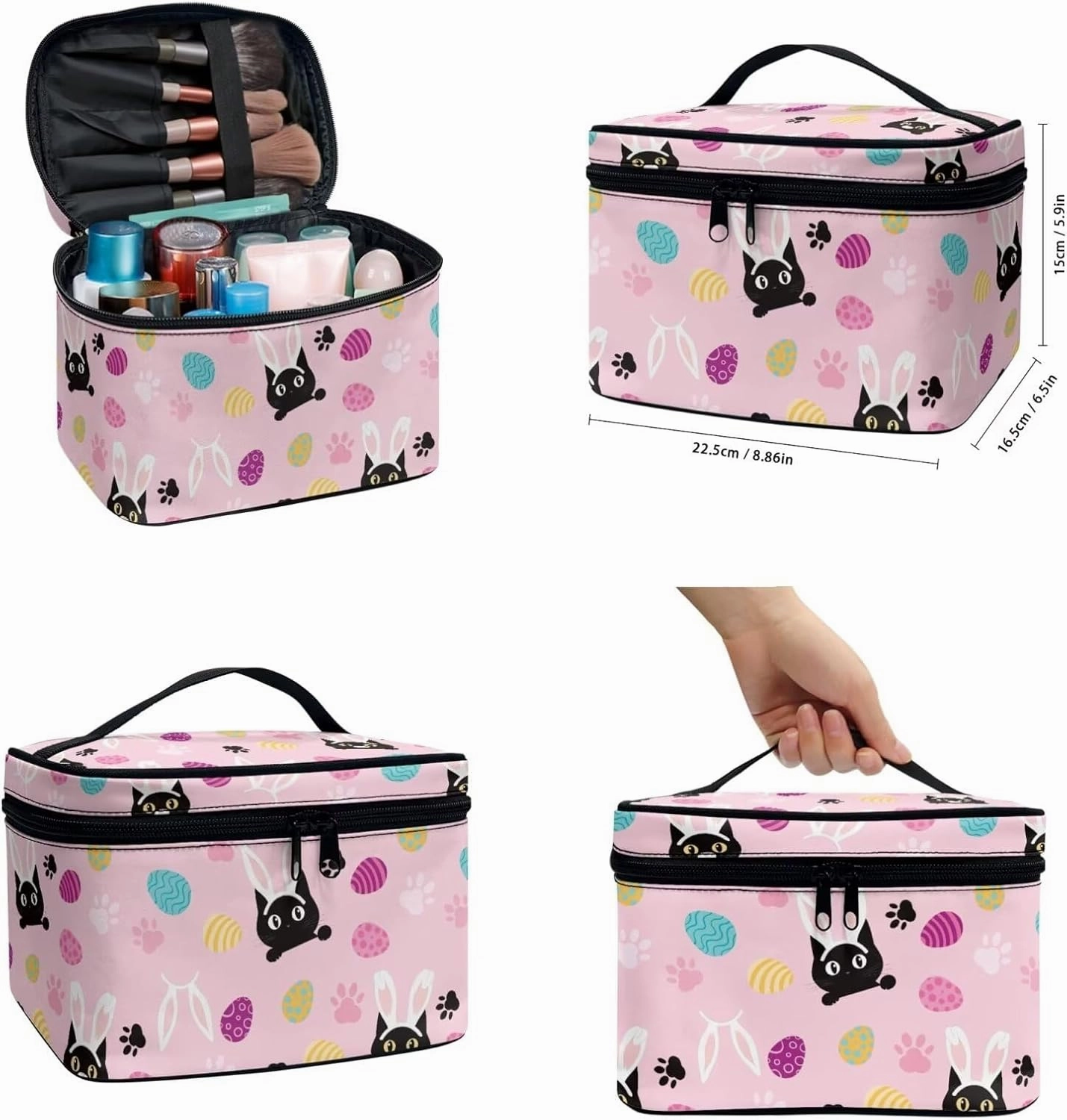 COEQINE Makeup Bag Set Of 3 Personalized Leather Cat Makeup Organizer With Handles Large Capacity Easter Eggs Rabbit Print Leather Travel Makeup Bag Pouch Purse Car Essentials for Women