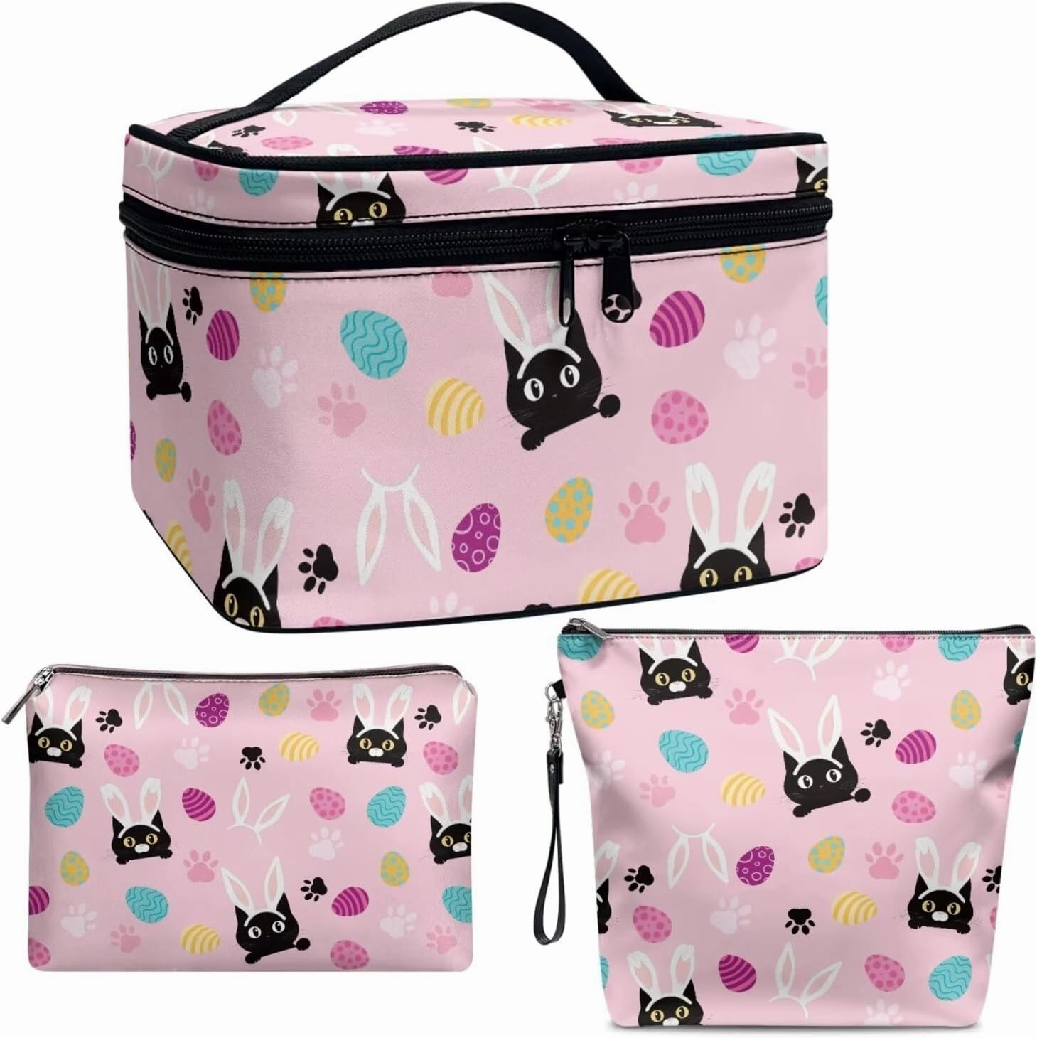 COEQINE Makeup Bag Set Of 3 Personalized Leather Cat Makeup Organizer With Handles Large Capacity Easter Eggs Rabbit Print Leather Travel Makeup Bag Pouch Purse Car Essentials for Women