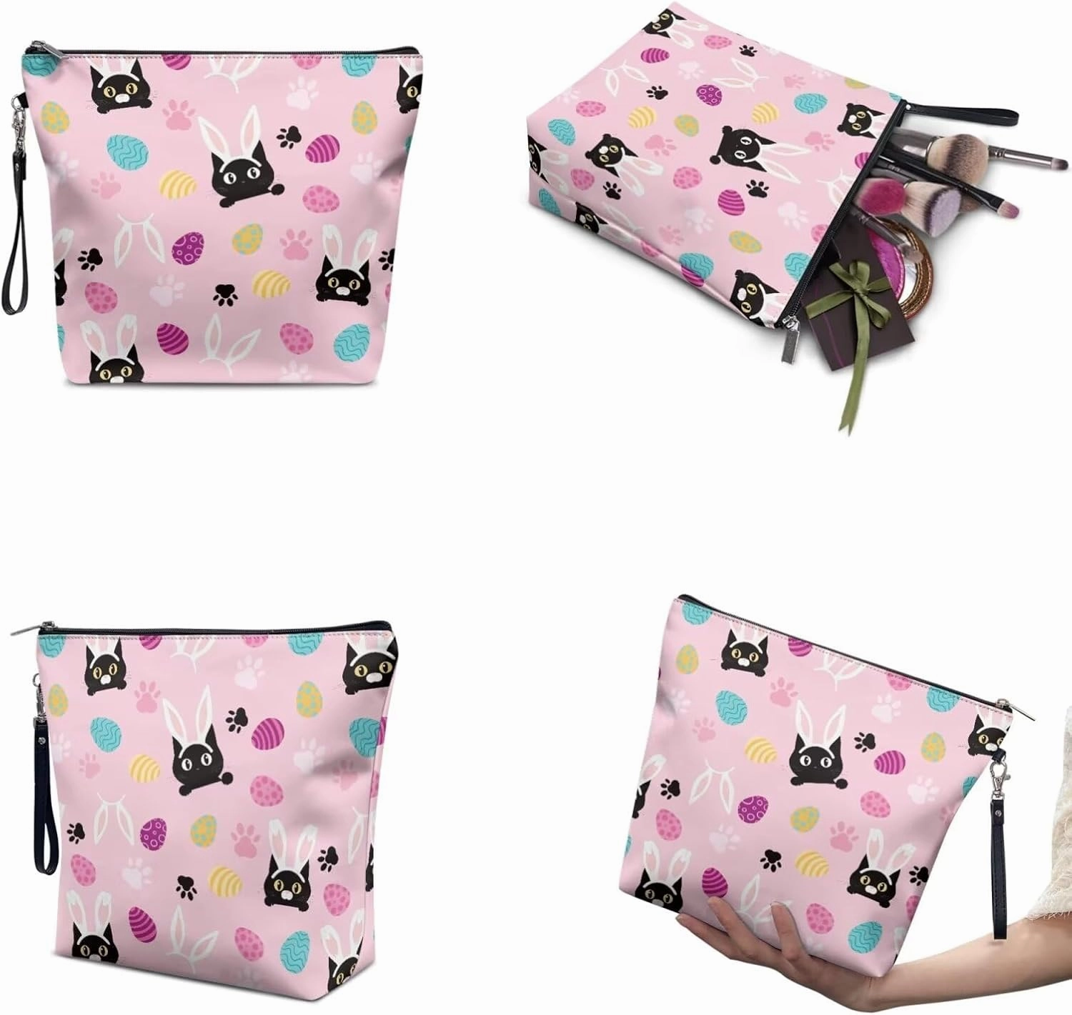 COEQINE Makeup Bag Set Of 3 Personalized Leather Cat Makeup Organizer With Handles Large Capacity Easter Eggs Rabbit Print Leather Travel Makeup Bag Pouch Purse Car Essentials for Women