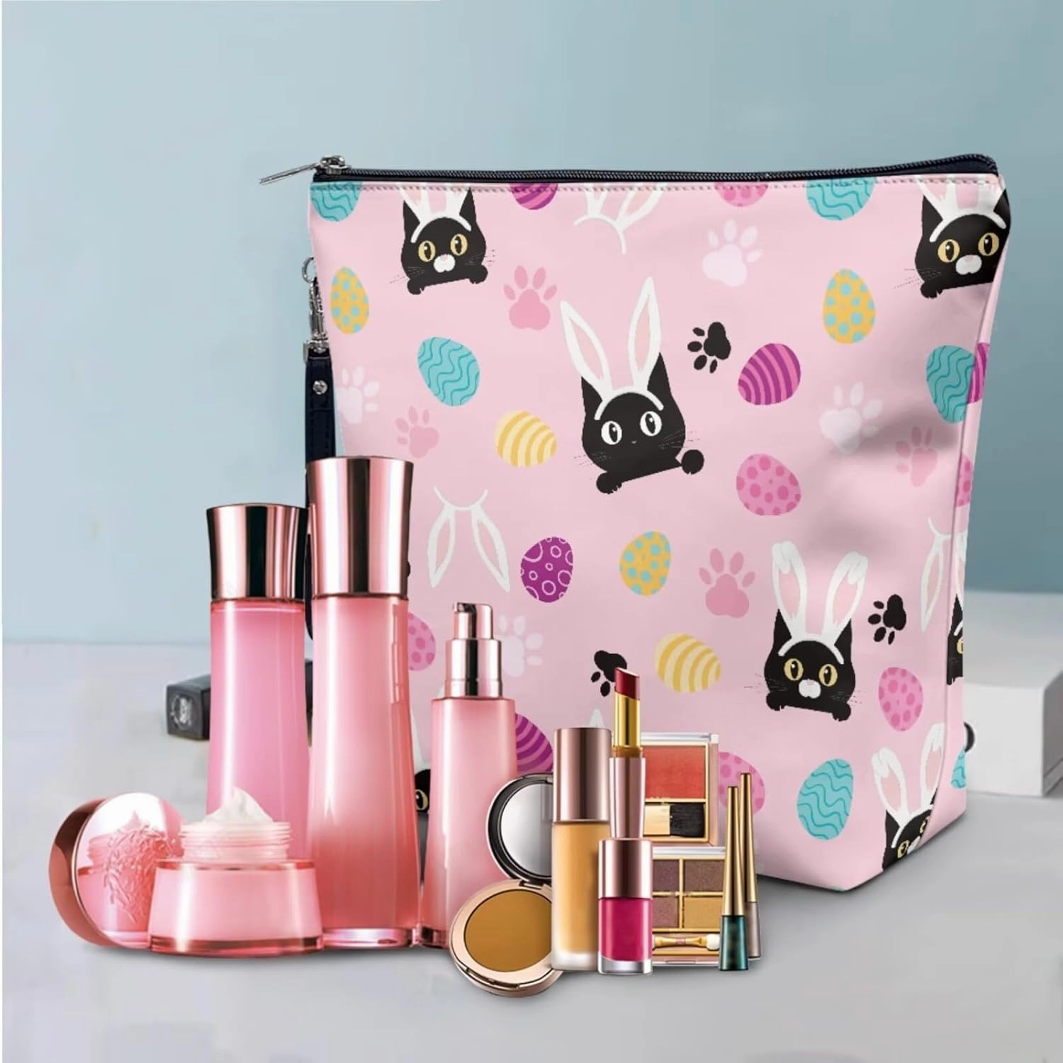COEQINE Makeup Bag Set Of 3 Personalized Leather Cat Makeup Organizer With Handles Large Capacity Easter Eggs Rabbit Print Leather Travel Makeup Bag Pouch Purse Car Essentials for Women