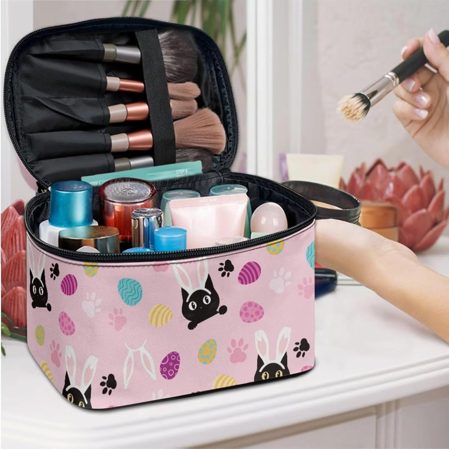COEQINE Makeup Bag Set Of 3 Personalized Leather Cat Makeup Organizer With Handles Large Capacity Easter Eggs Rabbit Print Leather Travel Makeup Bag Pouch Purse Car Essentials for Women
