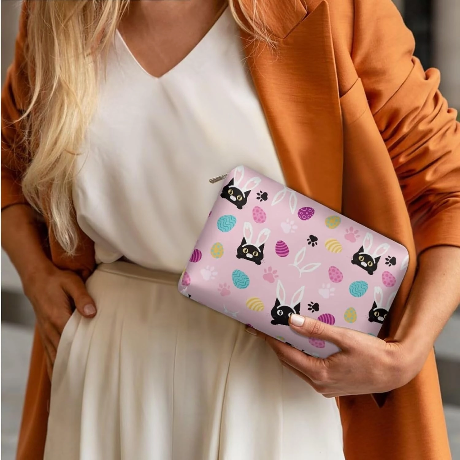 COEQINE Makeup Bag Set Of 3 Personalized Leather Cat Makeup Organizer With Handles Large Capacity Easter Eggs Rabbit Print Leather Travel Makeup Bag Pouch Purse Car Essentials for Women