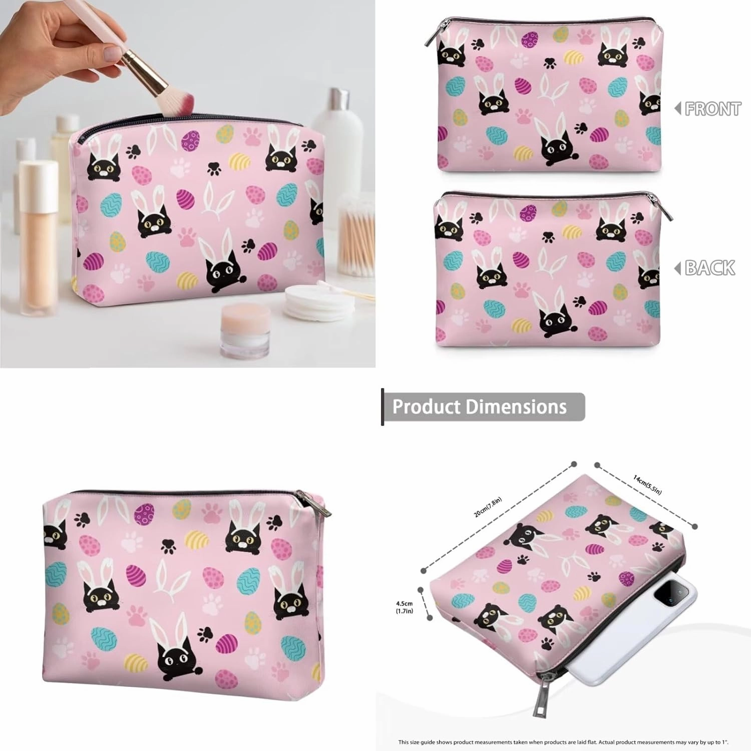COEQINE Makeup Bag Set Of 3 Personalized Leather Cat Makeup Organizer With Handles Large Capacity Easter Eggs Rabbit Print Leather Travel Makeup Bag Pouch Purse Car Essentials for Women