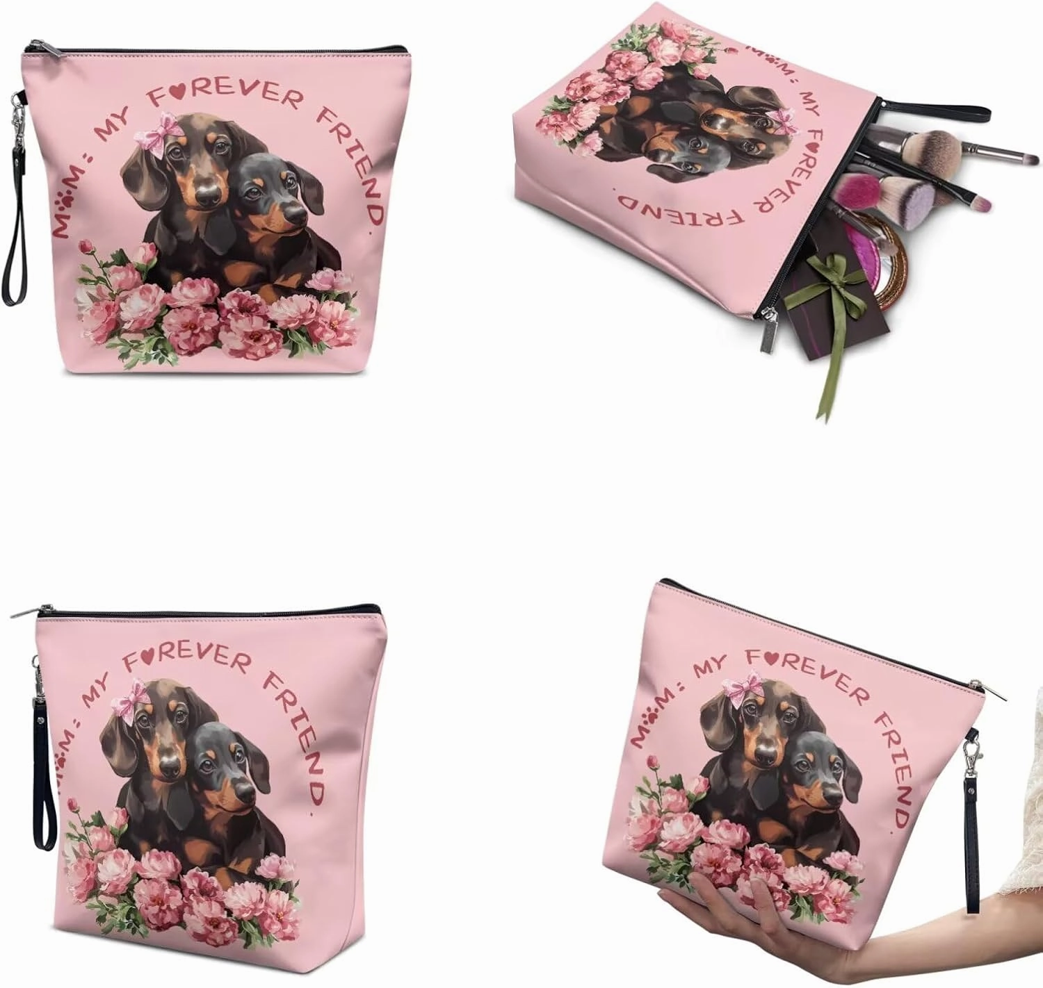 COEQINE Travel Makeup Bag Set Of 3 for Women Cute Dachshund Dog Print Leather Elegant Roomy Makeup Bags,lipstick pouch for Women,Travel Waterproof Toiletry Bag Accessories for Mom Birthday
