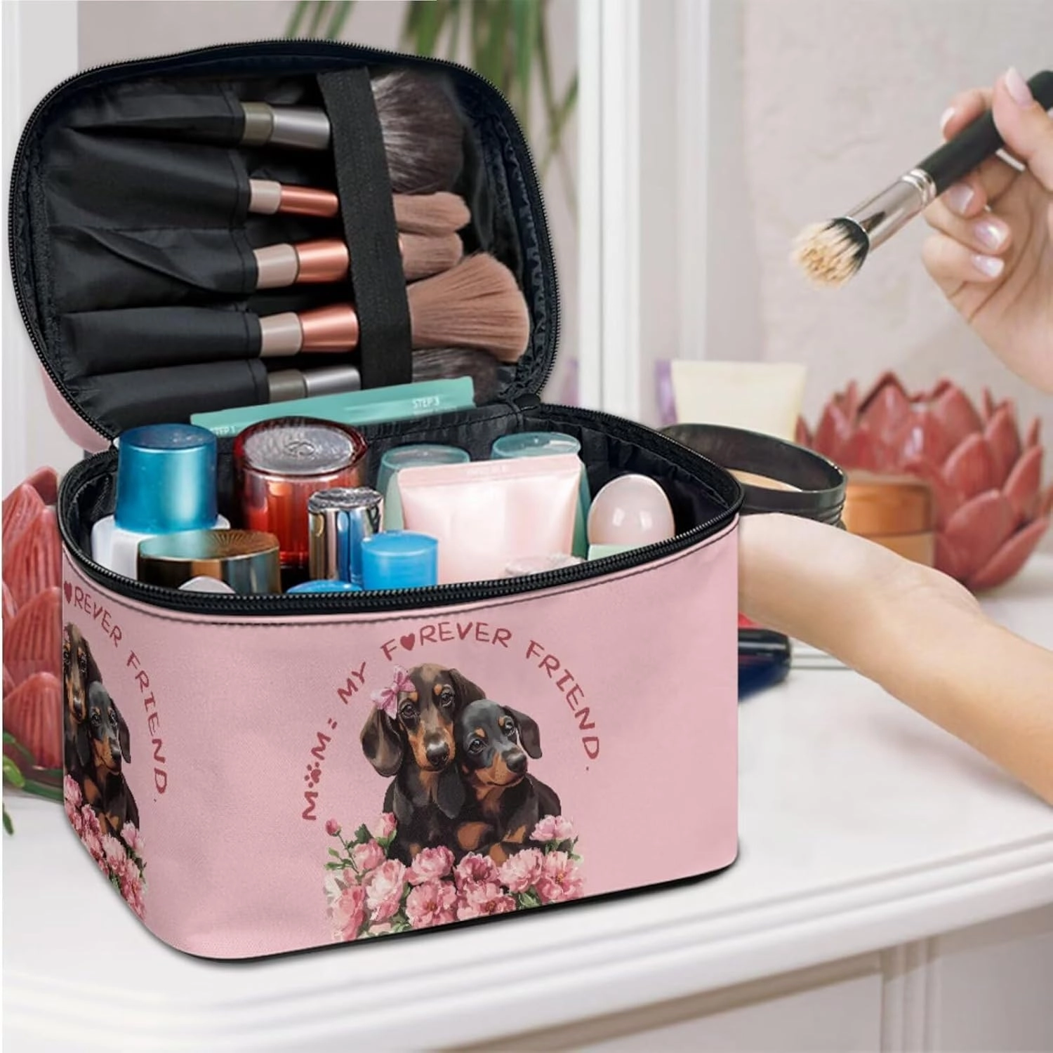COEQINE Travel Makeup Bag Set Of 3 for Women Cute Dachshund Dog Print Leather Elegant Roomy Makeup Bags,lipstick pouch for Women,Travel Waterproof Toiletry Bag Accessories for Mom Birthday