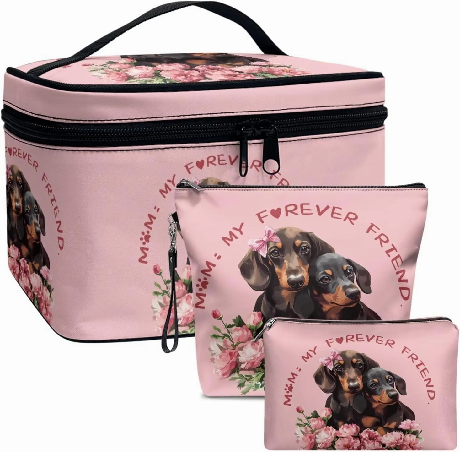 COEQINE Travel Makeup Bag Set Of 3 for Women Cute Dachshund Dog Print Leather Elegant Roomy Makeup Bags,lipstick pouch for Women,Travel Waterproof Toiletry Bag Accessories for Mom Birthday