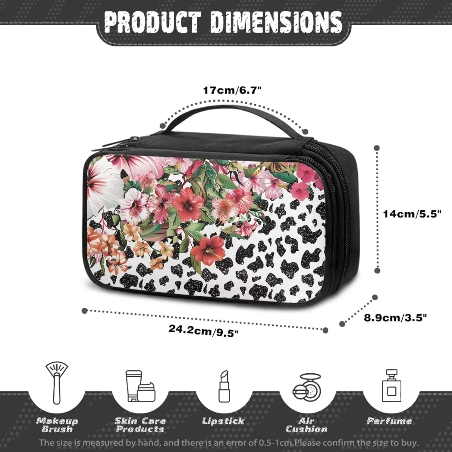 Cow Print Floral Large Capacity Cosmetic Bag Travel Size Toiletries Kit for Women Multipurpose Travel Make Up Bag Makeup Pouch Aesthetic Gifts for Birthday/Thanksgiving/Christmas
