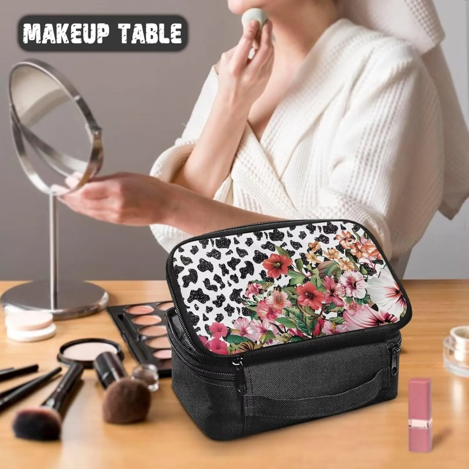 Cow Print Floral Large Capacity Cosmetic Bag Travel Size Toiletries Kit for Women Multipurpose Travel Make Up Bag Makeup Pouch Aesthetic Gifts for Birthday/Thanksgiving/Christmas