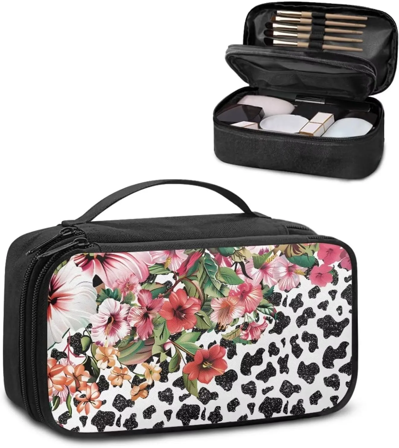 Cow Print Floral Large Capacity Cosmetic Bag Travel Size Toiletries Kit for Women Multipurpose Travel Make Up Bag Makeup Pouch Aesthetic Gifts for Birthday/Thanksgiving/Christmas